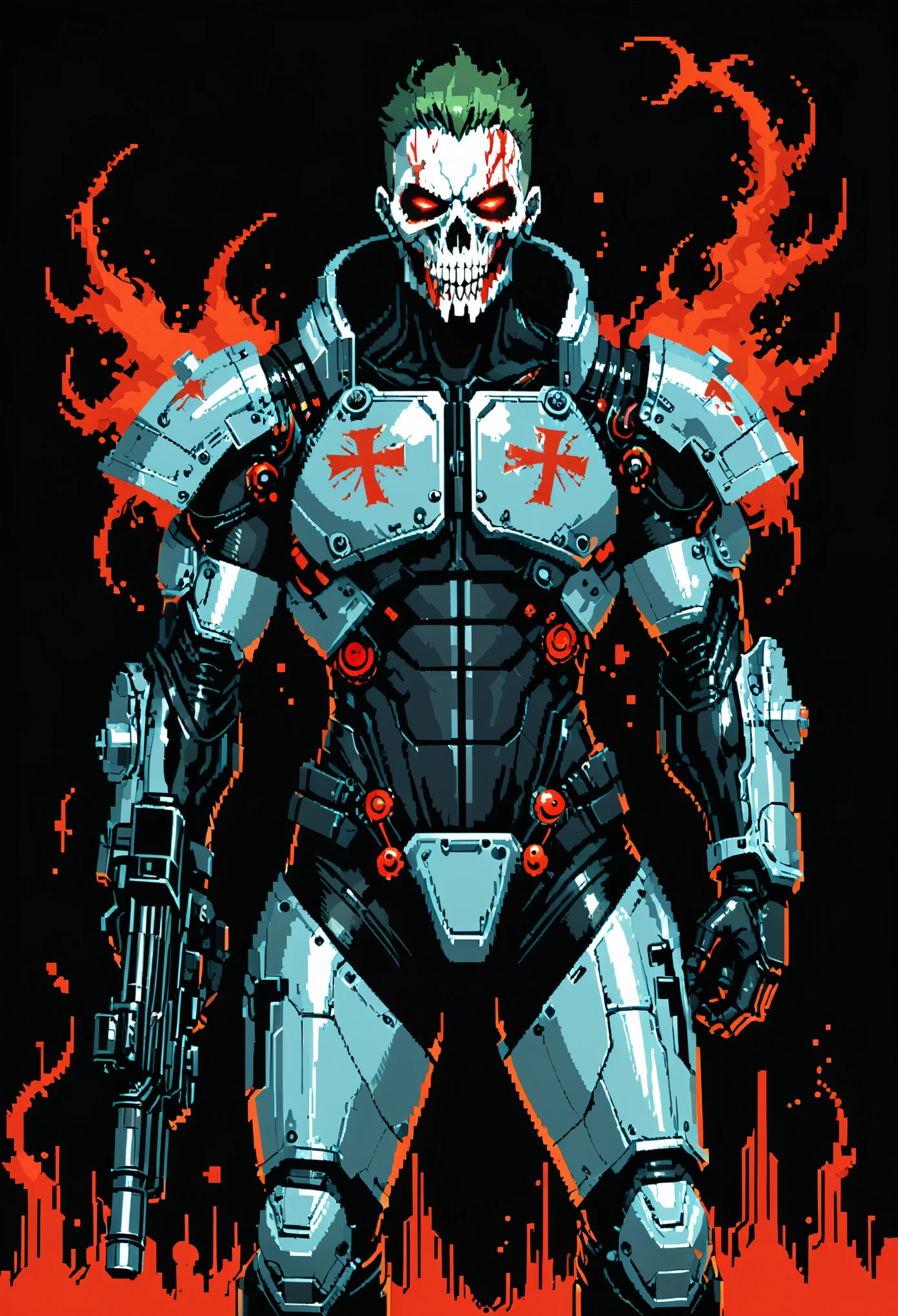 in style of Francesco Francavilla,in style of Ashley Wood,1girl,role conception,terror blood,((death sign)),very detailed,more details,smooth and smooth strokes,shiny Mandelbrot bodysuit armor,Portable heavy weapons,((muscular)),Miracle celestial body,(Cyberpunk art style:1.5),(pixel art style:1.5)