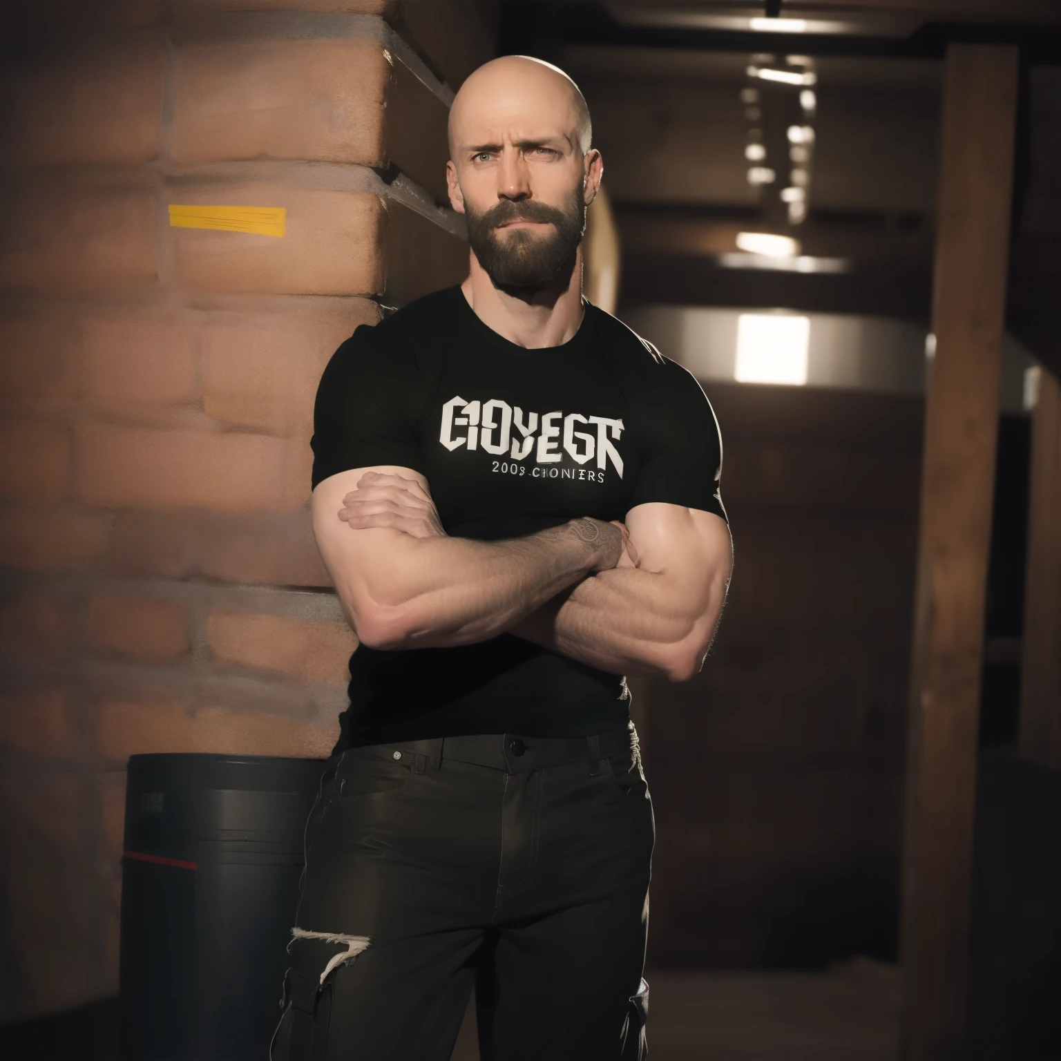 tall bald handsome man with beard, daddy, dark tattoos, lean fit body, soccer shirt, 30yo, dynamic lighting, lean body, loose cargo plants pants, character sheet, full body shot, ripped pants, 