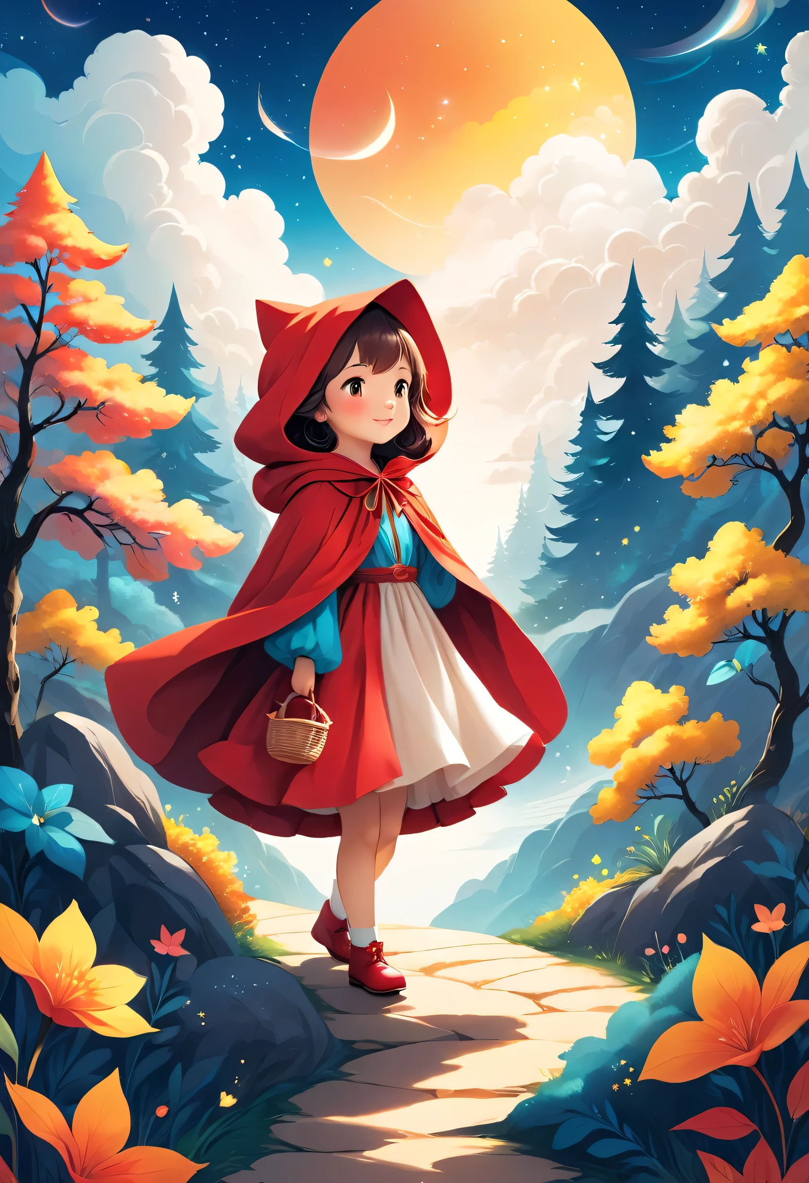 Vector illustration:cute cartoon forest, Sky, Adobe Illustrator,draw with thick lines,,cute,pop,Gentle color,Cast colorful spells,Nice background image,masterpiece,The best masterpiece,Light and shadow,Draw carefully,,Bright colors,Fantasy,Fancy,rendering,Magical Elements,BREAK,Little Red Riding Hood
