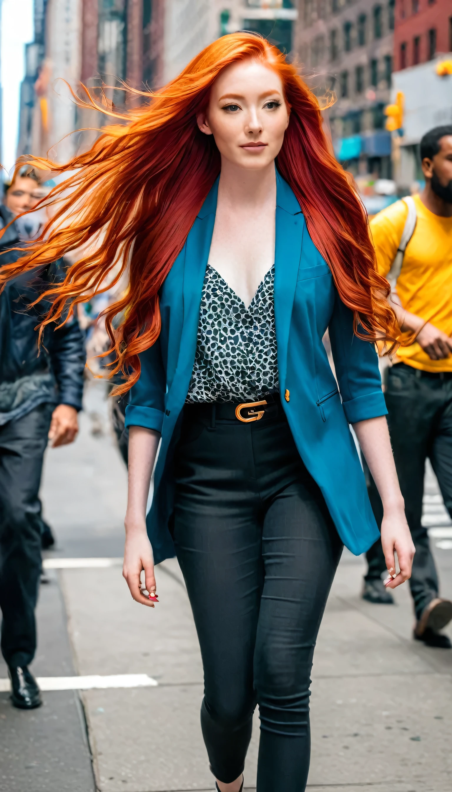 
In the midst of the bustling city, a young woman with long, vibrant red hair walks with purpose and poise, her striking appearance a perfect match for the vibrant energy of New York.