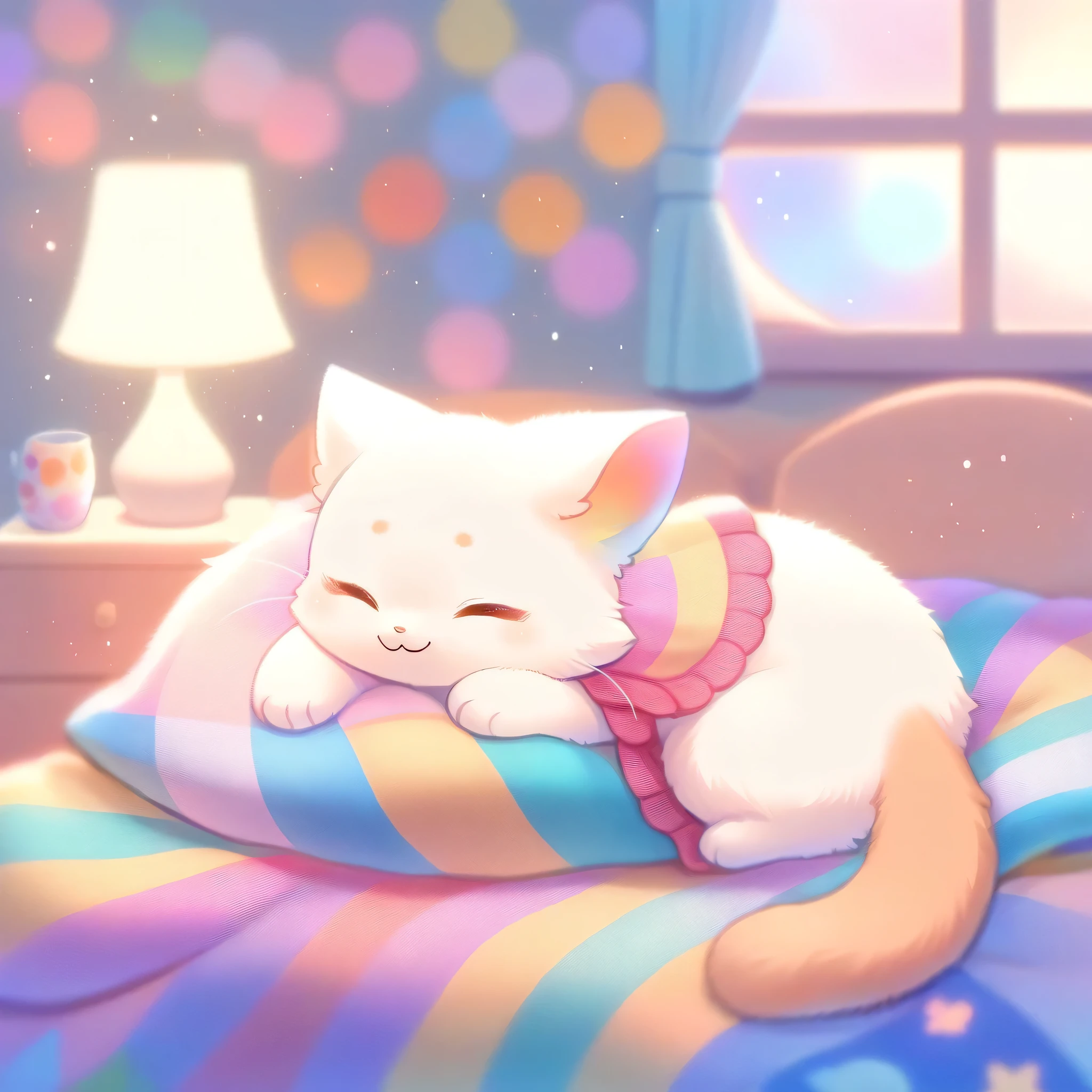 cuteAn illustration,Cat Kindergarten,Cat parent and child:animal:cute:Get closer:sleep:Comfortable and warm:looks happy,An illustration,pop,colorful,color,dim,Lamp light,Cat parent and が眠っています:Have a happy dream,The room is warm and full of happiness..,,colorful,Fancy,Fantasy,patchwork:quilt,detailed explanation,fluffy,Randolph Caldecott Style,Cat,Very cute Cat,fluffyCat,Wide range of colors,Cast colorful spells