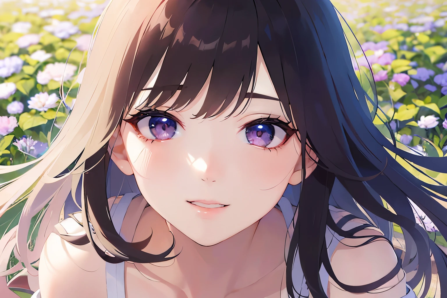 outstretched arms、Biologically correct five fingers、Shooting from above、looking up, upper body, Realistic, real person, (pale skin: 1.2), (RAW photo:1.5), photorealistic, shiny skin, shiny hair、(A 25-year-old woman with straight hair and bangs) and (medium hair) and (black hair) and (purple eyes), (white:1.5) and (off shoulder blouse:1.2), blush, smile, The background is a park、alone、Are standing