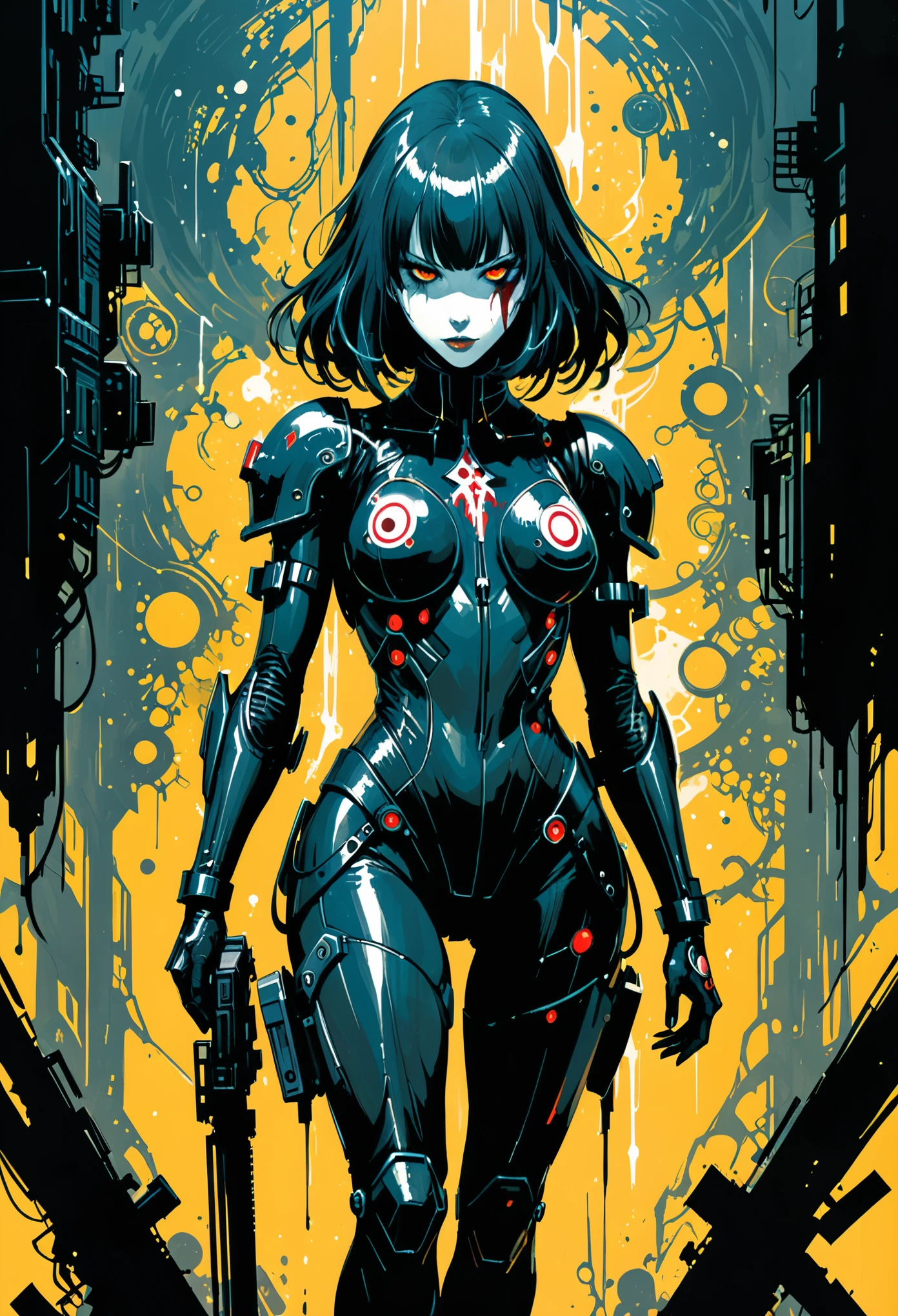 in style of Francesco Francavilla,in style of Ashley Wood,1girl,role conception,terror blood,((death sign)),very detailed,more details,smooth and smooth strokes,shiny Mandelbrot bodysuit armor,Portable heavy weapons,((muscular)),Miracle celestial body,Cyberpunk art style