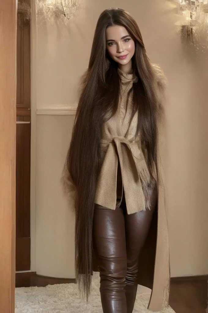 Professional photograph, best quality, 8K, hyper detailed, full body, A close up portrait of a Gorgeous, pretty, warm-hearted, kind-hearted, good-hearted, stunning, cheerful, sweet, polite, sensitive, sensible, shiny, charming, alluring, dreamy, graceful, majestic, classy, stylish, flowing super long brown haired argentinian woman. Flowing hair, silky hair, glowing hair, ethereal argentinian beauty, exotic argentinian beauty, timeless argentinian beauty, dream argentinian beauty. She has the cutest face, beaming countenance, fair porcelain skin, soft make-up, red lipstick, she is wearing a double breated black leather trench coat, skinny trousers, scarf, gloves and boots. She's glad, happy, cheerful, joyful, angelical face, angelical beauty.