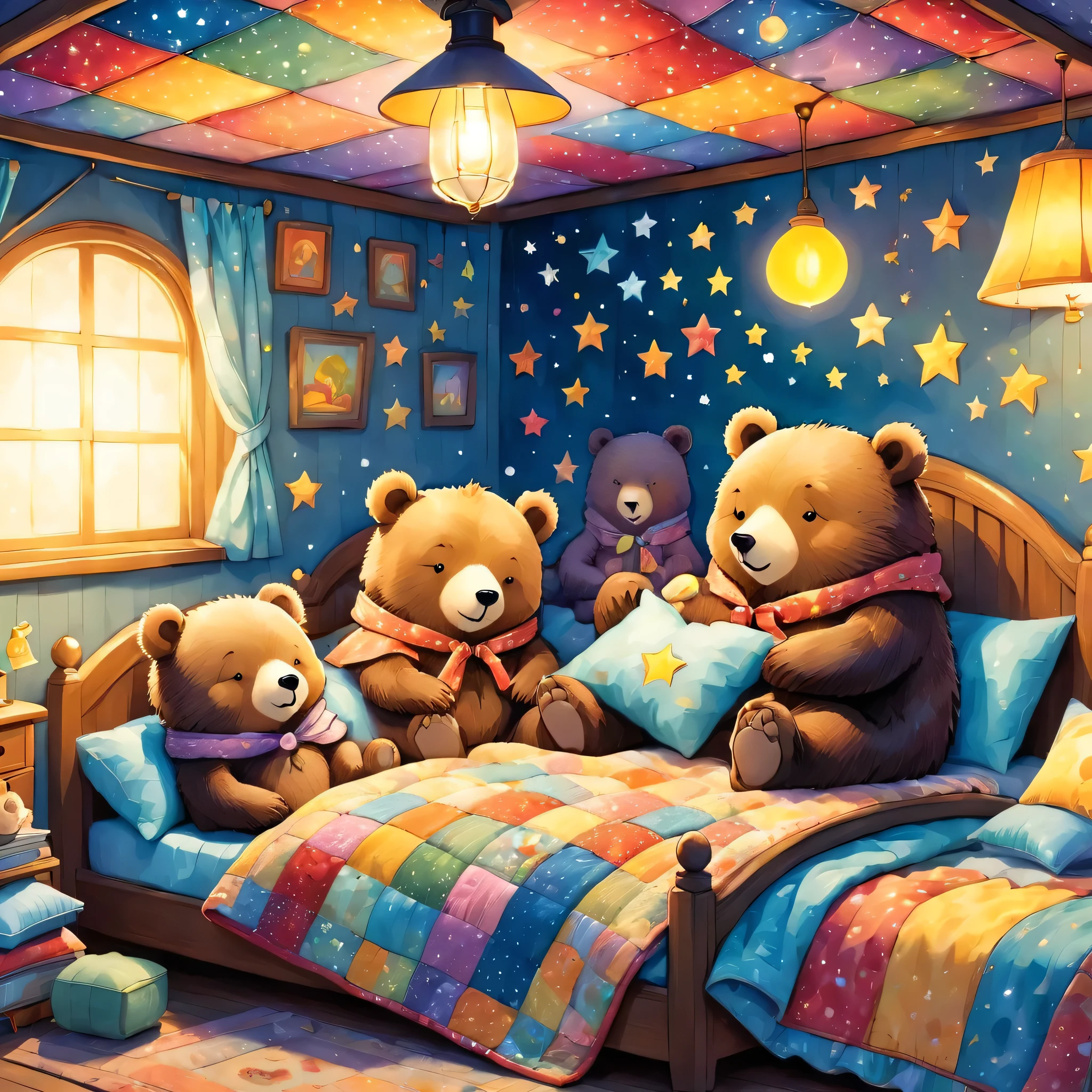 cuteAn illustrationクマの家,Bear family:animal:Hibernating:cute:Nestle:sleep:Comfortable and warm:looks happy,An illustration,pop,colorful,draw with thick lines,color,dim,Lamp light,The Hibernating Bear family is sleeping:Happy dreams,The house is warm and full of happiness,,colorful,Fancy,Fantasy,patchwork:quilt,Detailed explanation,fluffy,Randolph Caldecott Style,Rich colors,Cast colorful spells,concentrate,Optimal Configuration,Perfect composition,accent,An illustration that children will enjoy,For children,Feel warm,Amazing like a dream,Happy and joyful bears,a bit,Cast colorful spells,Shine,Anatomically correct,pajamas,Putting to bed,Happy dreams