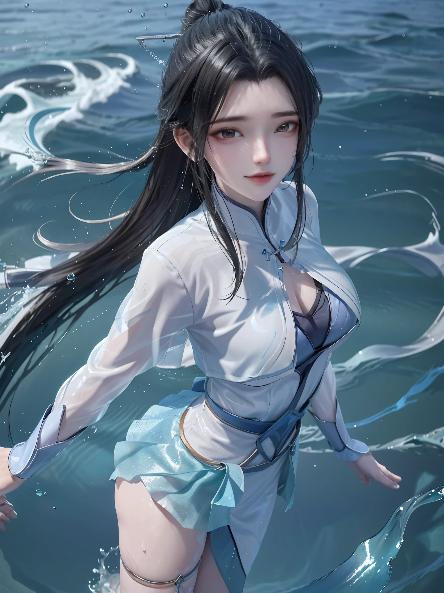 a girl swimming in a clear pool, beautiful long hair floating, sparkling water droplets, vibrant sunlight reflections on the water surface, graceful swimming strokes, lively splashes, underwater view with colorful fish, serene blue atmosphere, shimmering pool tiles, energetic and joyful expression, precise and fluid movement, breathtaking pool landscape, perfectly toned physique, stunning athletic performance, smooth and flawless skin, (best quality, 4k, highres, photorealistic), vibrant colors, dynamic lighting