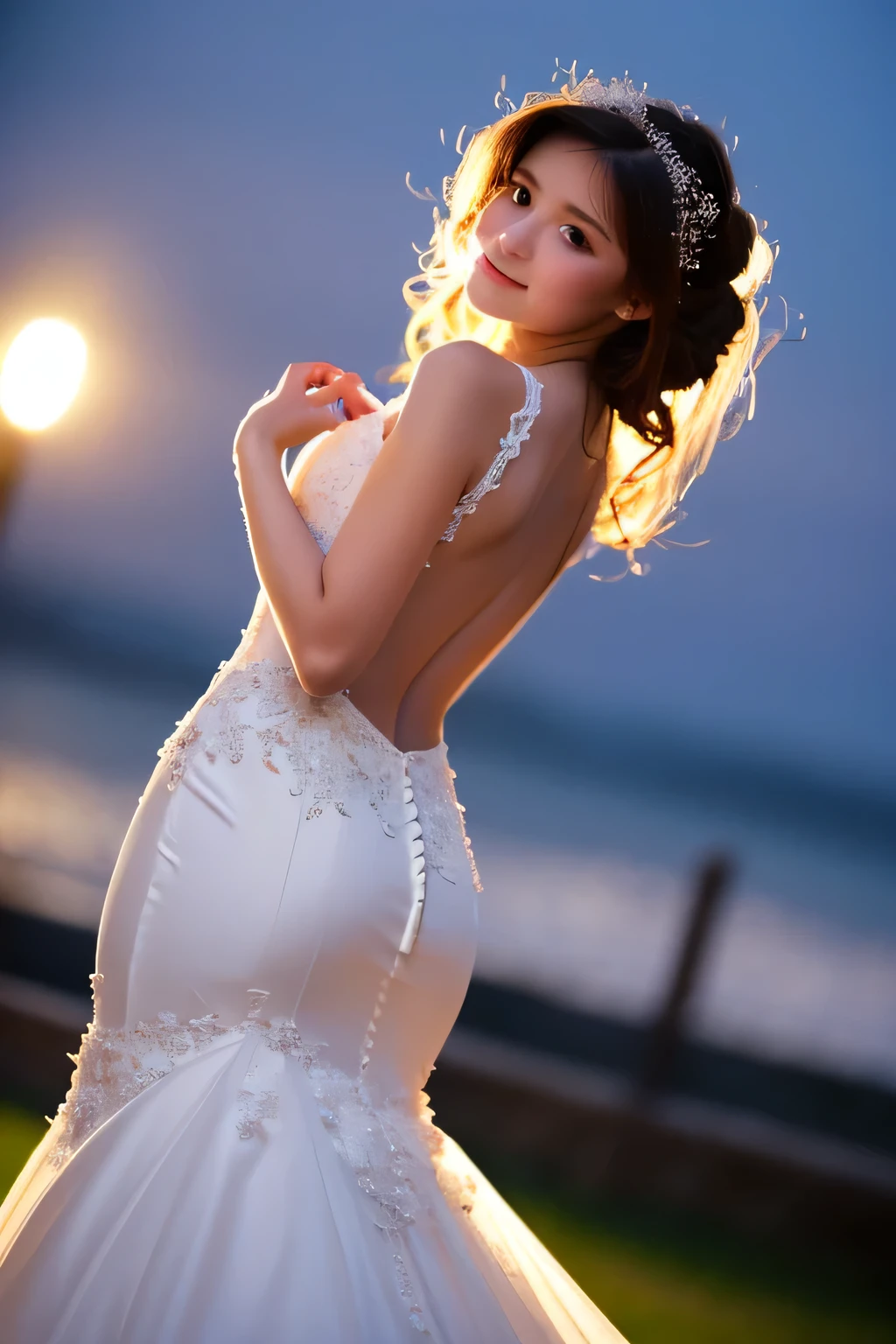 (highest quality, High resolution, masterpiece:1.2,), figure, night, One girl, whole body, (Wedding dress), Put your arms behind your back, Wait for a kiss, View your viewers, Happy, blush,