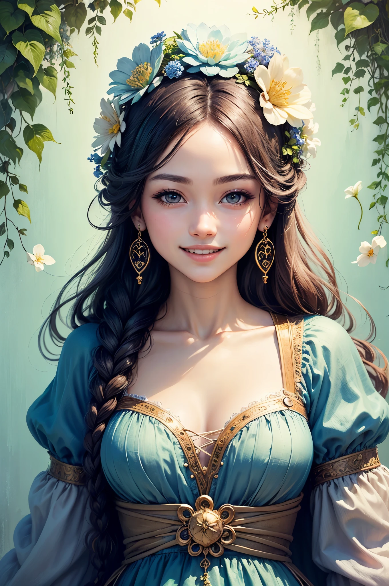 (masterpiece、highest quality、highest quality、Beautiful and beautiful:1.2)、Good anatomy、Wide blue sky、Drawing of a girl with braided hair、Beautiful smile、Flower Fairy、Flower-sized body、pure、Charm、Fantasy、Botanical Art