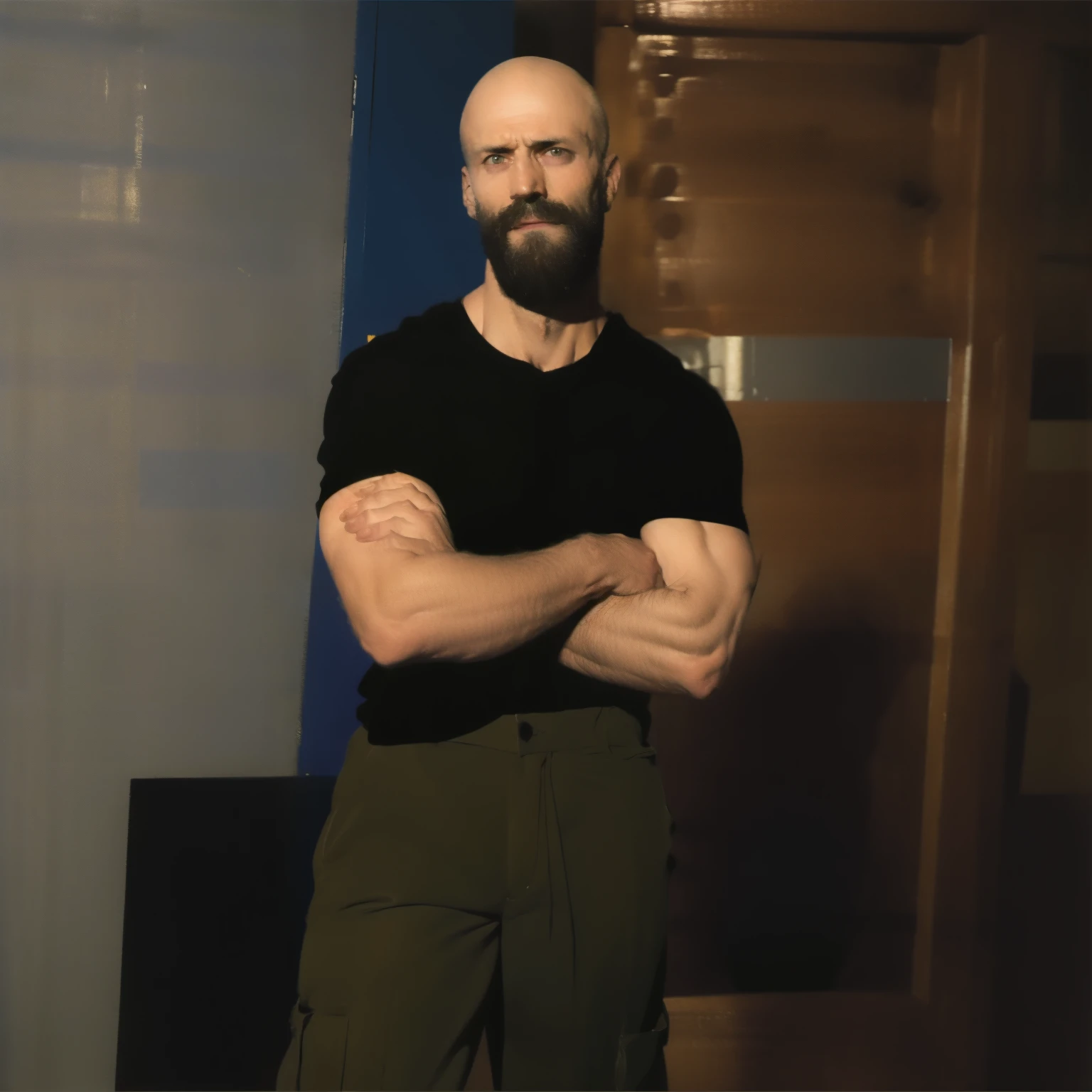 tall bald handsome man with beard, daddy, dark tattoos, lean fit body, soccer shirt, 30yo, dynamic lighting, lean body, loose cargo plants pants, character sheet, full body shot, ripped pants, 