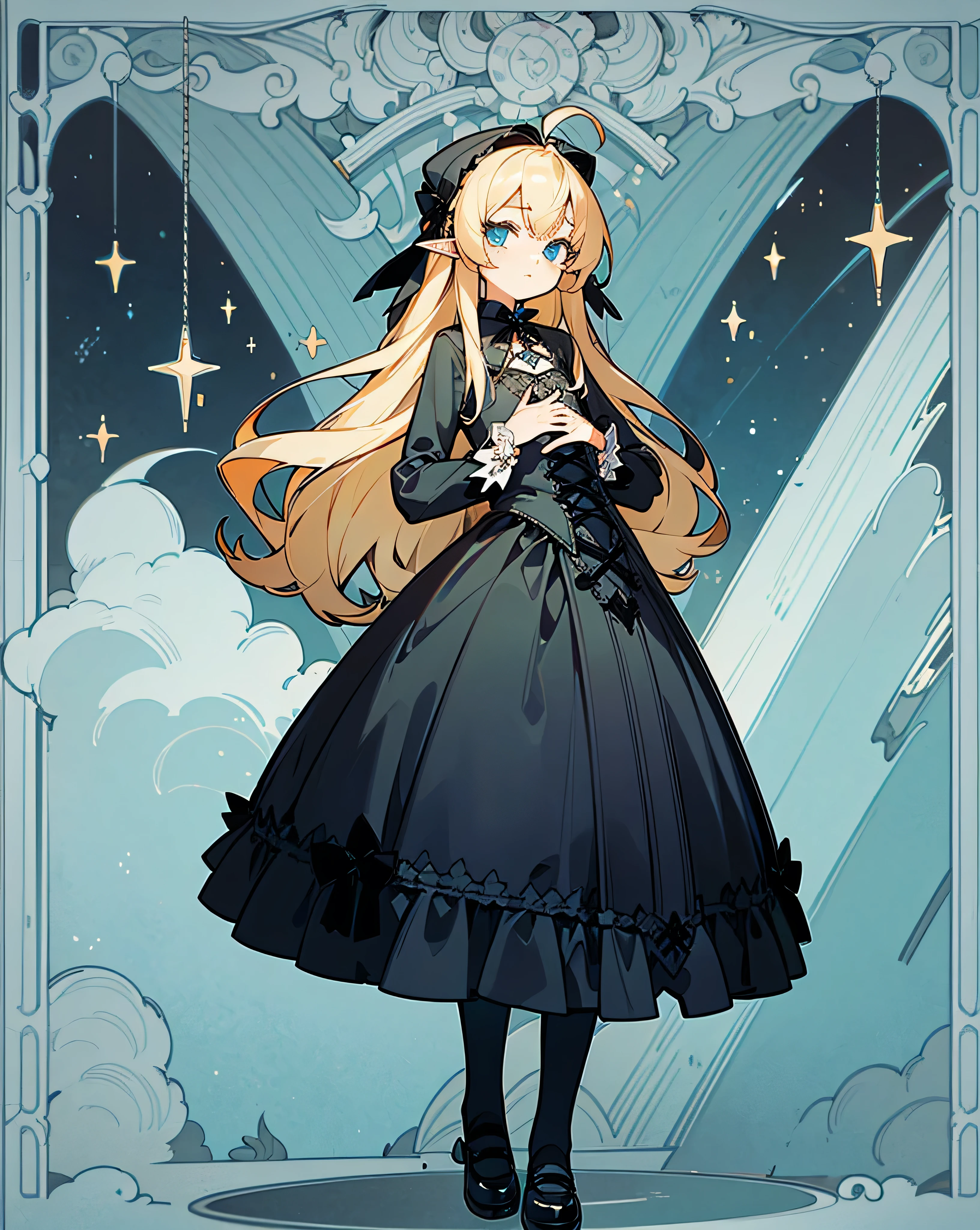 (((((lolita gothic))))),full body,incredibly_absurdres,ray tracing,{best quality}, {{masterpiece}}, {highres}, original, extremely detailed 8K wallpaper, 1girl, {an extremely delicate and beautiful},,ray tracing,{best quality}, {{masterpiece}}, {highres}, original, extremely detailed 8K wallpaper, {an extremely delicate and beautiful},,incredibly_absurdres,colorful,intricate detail,artbook,,{best quality}, {{masterpiece}}, {highres}, original, extremely detailed 8K wallpaper, {an extremely delicate and beautiful},,starry sky,clusters of stars,highres,extremely detailed CG unity 8k wallpaper,detailed manga illustration,art of light novel,intricate detail,(((((petite))))),lolita fashion,slim waist,slender waist,infant,(((((infant))))),(elf),ahoge,long_hair,(blonde hair),closed mouth,arms behind back,knees together,expressionless,beautiful_face,(((((gothic_lolita))))),white stocking,(white pantyhose),mary_janes,hair ribbon,hair ornament,hair bow,((((flat_chest)))),masterpiece,blue_eyes,blue_eyes,slim legs,infant,