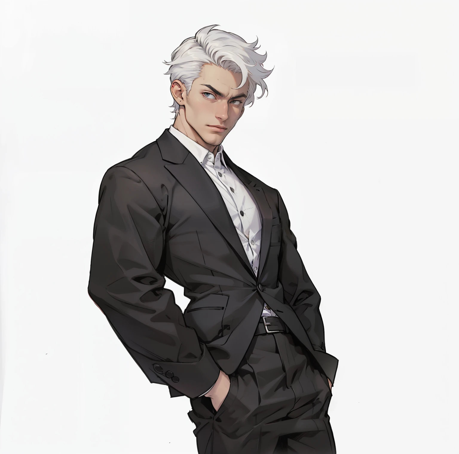1 man, Detailed face，White hair,White skin , Black suit, White shirt，Business suit,, Pants