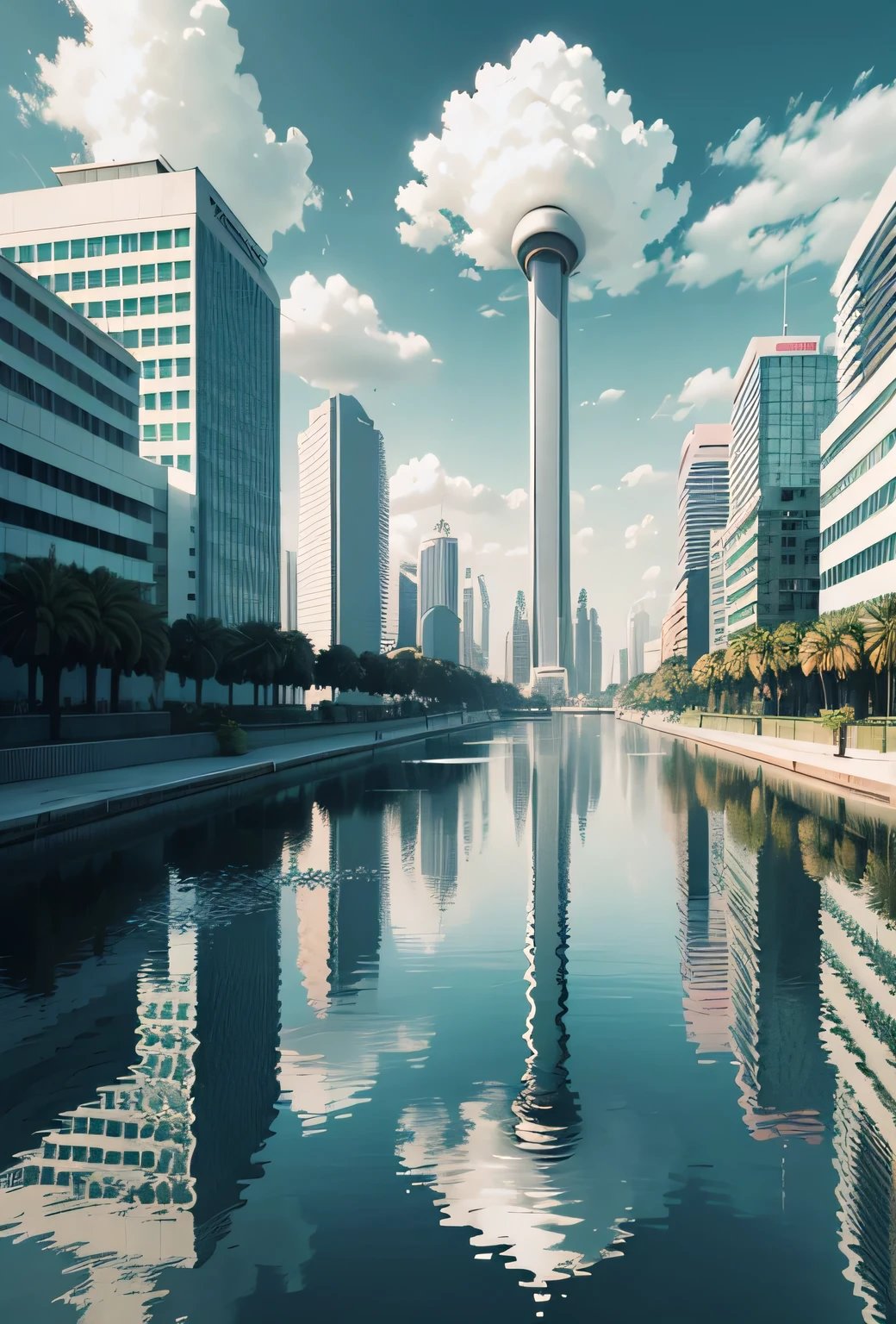 Image of a straight canal with crystal clear swimming pool water and palm trees around it, in the middle of a beautiful and futuristic metropolis, has several futuristic rounded concrete buildings with balconies with plants around, estilo half life 2, , scenario inspired by the scenario of the game half life 2, gray and rainy sky, chuva, metal buildings in colorful tones, futuristic setting, tem neblina, 