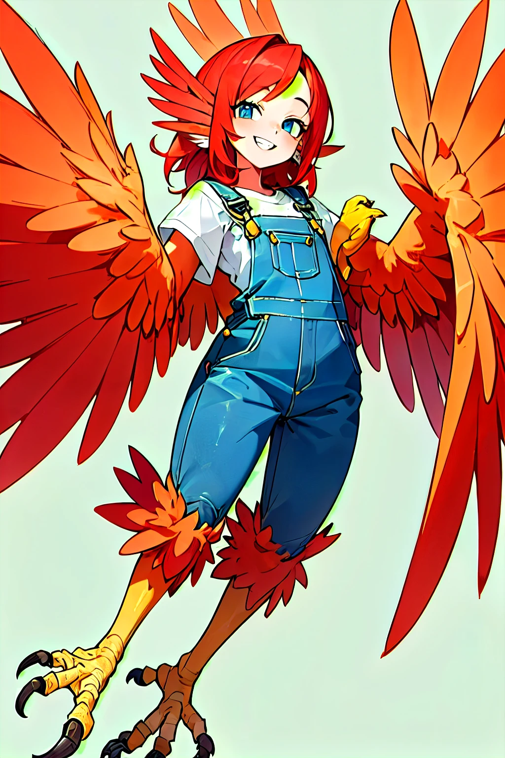 Absurd , High resolution, Super detailed, (Harpy 1 girl:1.3),Winged Arms, Beautiful bird legs, Flat Chest, (Beautiful Face) Brightly colored feathers, Red Hair, Red Wings, Red feathers, blue eyes, smile, (White shirt and blue overalls) Forest Background, Big Wings, Showing teeth, whole body
