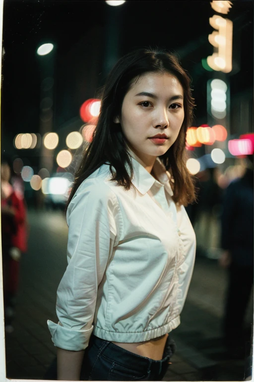 polaroid photo, night photo, photo of 24 y.o beautiful chinese woman, pale skin, bokeh, motion blur