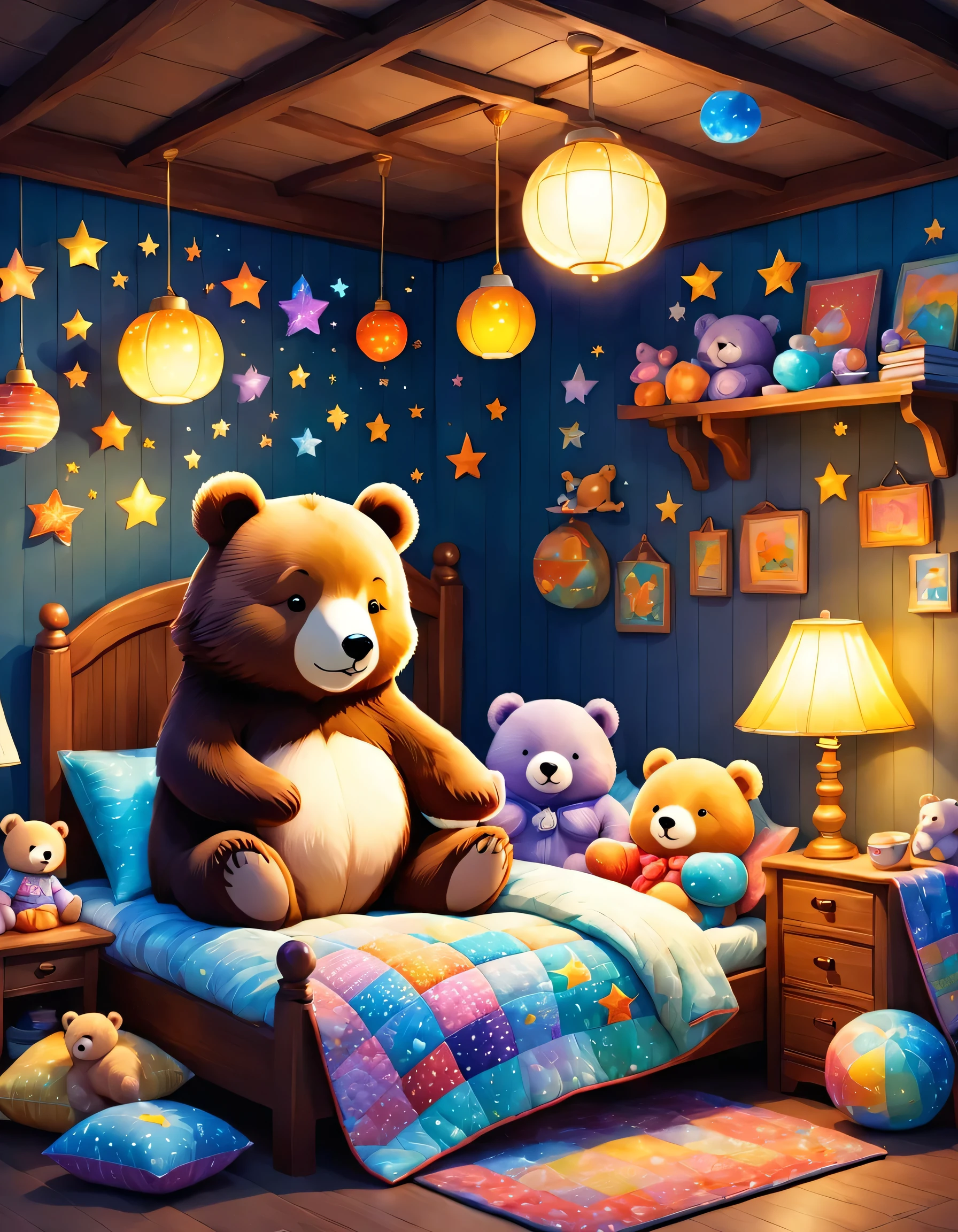 cuteAn illustrationクマの家,Bear family:animal:Hibernating:cute:Nestle:sleep:Comfortable and warm:looks happy,An illustration,pop,colorful,draw with thick lines,color,dim,Lamp light,The hibernating bear family is sleeping:Happy dreams,The house is warm and full of happiness,,colorful,Fancy,Fantasy,patchwork:quilt,Detailed explanation,fluffy,Randolph Caldecott Style,Wide range of colors,Cast colorful spells,concentrate,Optimal Configuration,Perfect composition,accent,An illustration that children will love,For children,Feel warm,Amazing like a dream,Happy and joyful bears,a bit,Cast colorful spells,Shine,Anatomically correct,pajamas,Putting to bed,Happy dreams