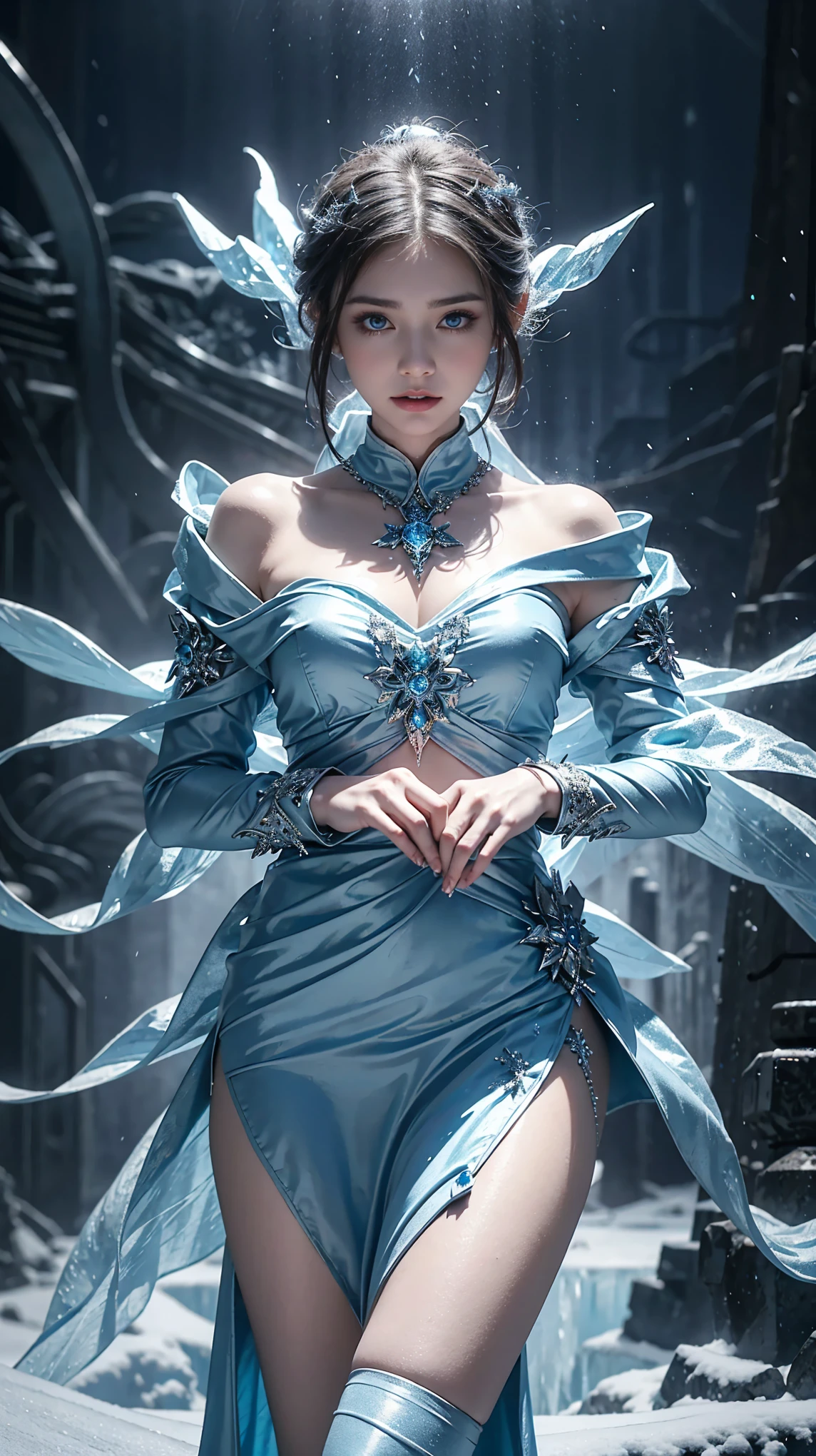 a beautiful ice goddess, ice magician, ice elemental, intricate design and details, chilling mist, cold, blizzard storm, conjuring ice spell, casting ice spell, blue dress, realistic ice effect, snow particles, dark fantasy art style, ruined city, dramatic lighting, cinematic
