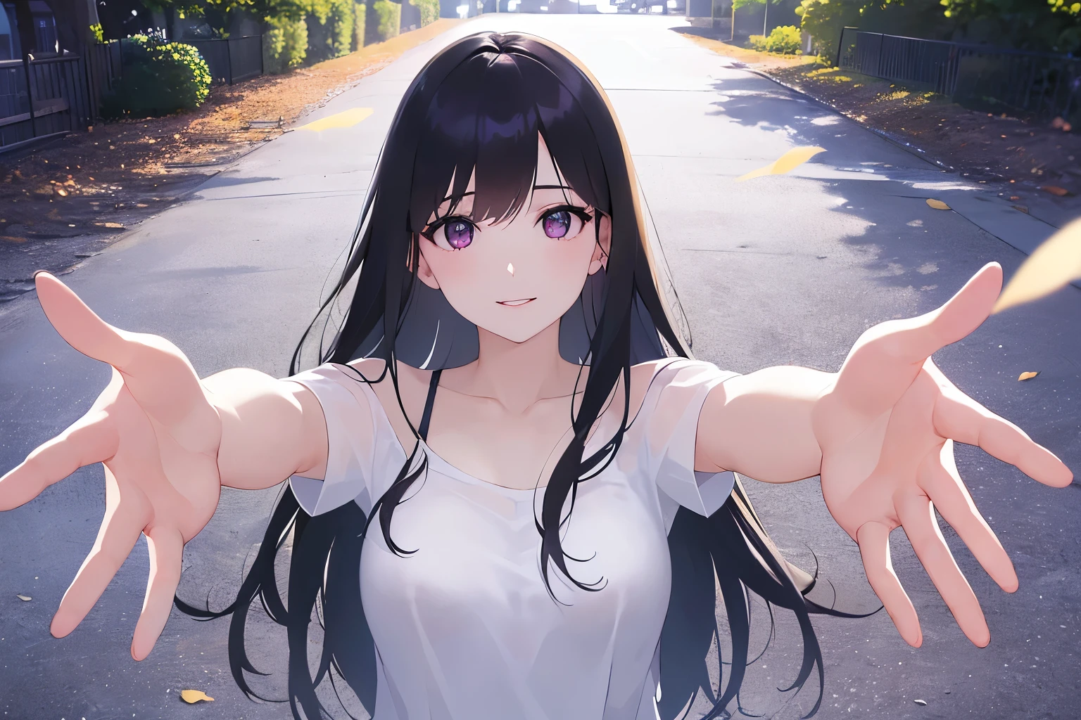 outstretched arms、Biologically correct five fingers、Shooting from above、looking up, upper body, Realistic, real person, (pale skin: 1.2), (RAW photo:1.5), photorealistic, shiny skin, shiny hair、(A 25-year-old woman with straight hair and bangs) and (medium hair) and (black hair) and (purple eyes), (white:1.5) and (off shoulder blouse:1.2), blush, smile, The background is a park、alone、Are standing