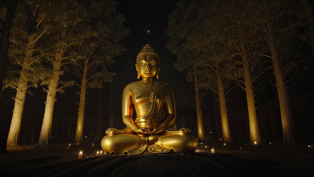 full moon,meditate,smog,nighttime,haunt,scary,nature,gold color,circle,dharma,tree,wildlife,Buddha,Buddha statue