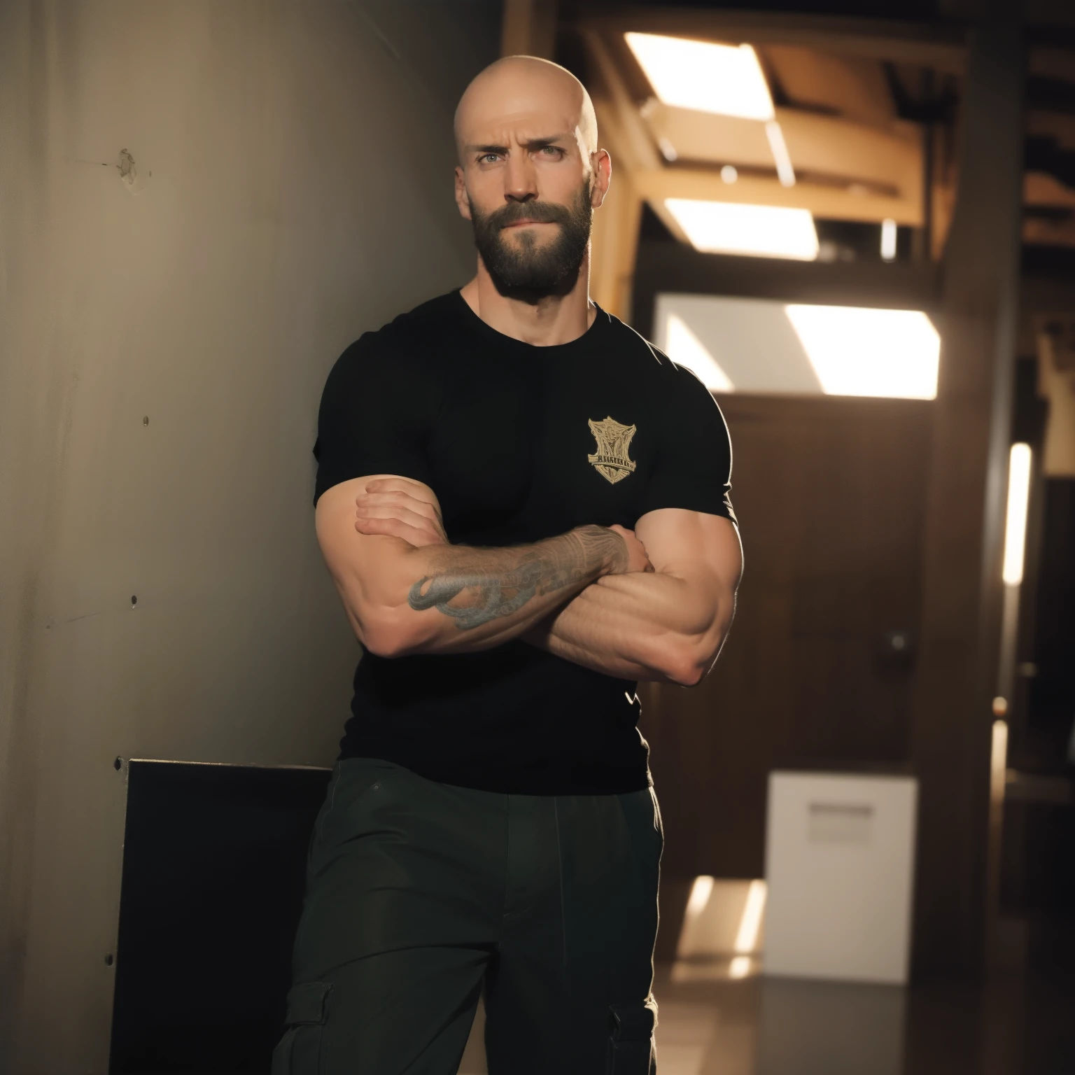 tall bald handsome man with beard, daddy, dark tattoos, lean fit body, soccer shirt, 30yo, dynamic lighting, lean body, loose cargo plants pants, character sheet, full body shot