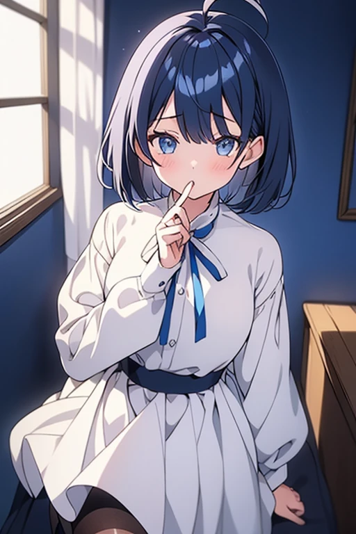 (One girl), (alone), (Focus on women), Focus on the face, blue eyes, navy hair, short hair, white one side hair ribbon, shiny skin, cowboy shot, blunt parted bangs,1 ahoge, make out, shy,POV,Tsundere,room,white one side hair ribbon,Black Stocking,Navy Blue Skirt,White shirt,