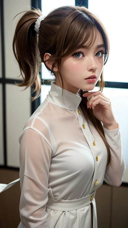 Light brown hair and ponytail、Young woman in a fantastic white costume、Green Eyes