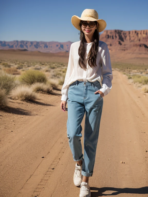((highest quality)), ((masterpiece)), ((Realistic)), ((highest quality)), ((masterpiece)), ((Realistic)), Girl Walking In The Desert, Looks tired, Loose clothing, long sleeve shirt and trousers, headgear, sunglasses, so beautiful, Natural and casual style at eye level, Scenic, masterpiece, (High resolution), original, extremely detailed 8K , (photoRealistic:1.4),Perfect Face, Perfect Eyes,Symmetrical body type,smile, 
