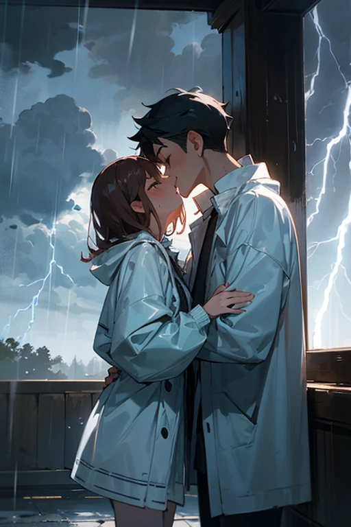 Young boy and girl, wearing raincoats, wearing , kissing in a thunderstorm