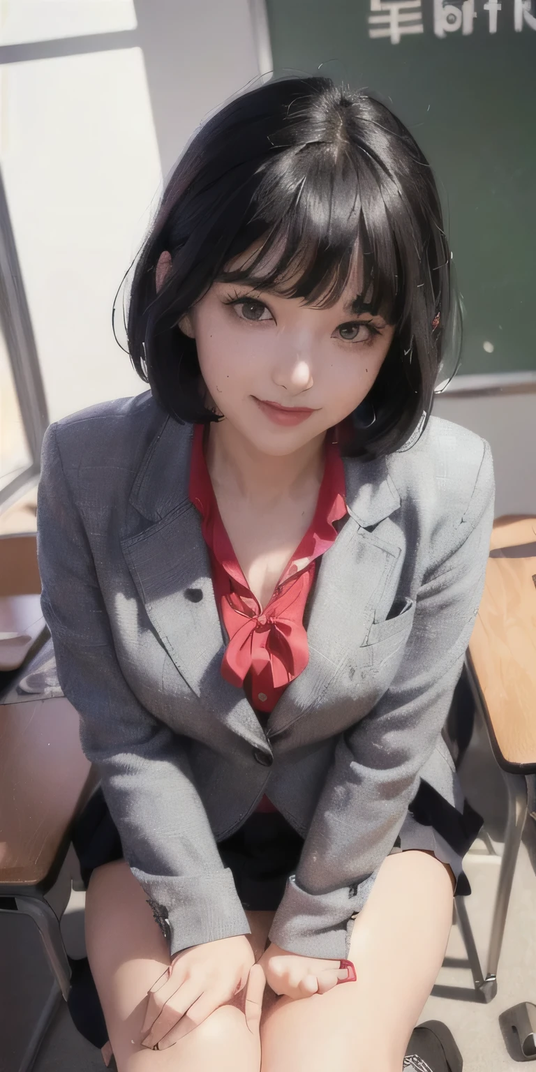 ((8k, RAW photos, top quality, masterpieces), high-definition RAW color photos professional close-up photos, (realistic, photorealism: 1.37), (highest quality), (best shadows), (best illustrations), collarbones ((big)), ((erotic, sexy, ultra high resolution, high-definition CG unified 8K wallpapers, physically based rendering, movie lighting), (aegyo sal:1), 18 year old girl, (grey blazer, ribbon, socks, high school uniform: 1.2), high school classroom, beautiful detail eyes, light on the face, ((full body shot: 1.2)), especially strong light, (upper eyes, grinning smile:1.2),shiny skin, (((black hair, bob hair:1.2))), ( thick thighs), ulzzang-6500-v1.1:0.2, shy, (flash:1.2), NSFW , (puffy), ((seductive posture: 1.2, attractive: 1.2)), (idle), (sitting at a desk in classroom: 1.2)), ((good anatomy: 1.2)), ((bright and refreshing classroom, background blurred: 1.2)), perfect face, cute face, (high angle shot:1.2)