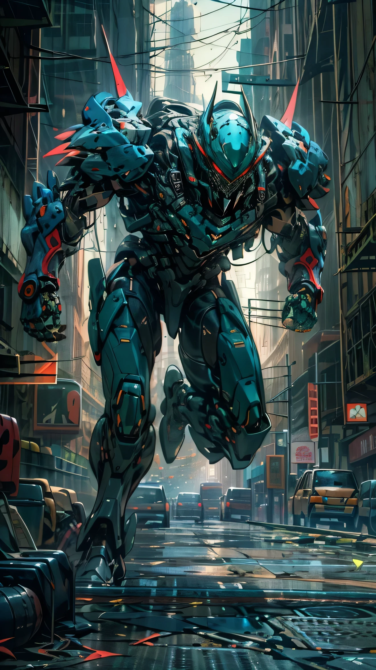 maximum detail, masterpiece, HDR, best quality, UHD Sony a1 mirrorless camera with a wide lens f/1.8 aperture (cinematic still frame, full body shot), of Rixxos):1.5, (ultra-fine detail), (an evil, terrifying rouge AI agent in a cybernetic body):1.3, A horrific biomechanical killing machine., He appeared to be (an anatomically correct bipedal):1.3, (humanoid, cyborg):1.2, with (menacing, narrow, glowing neon-green slits for eyes):1.35, (the body of a heavily muscled adult male made of graphene):1.25, (but with gleaming, black and red, angled polished armor scales):1.23, (razor sharp talons):, and (a helmet that took on the distinct features of a pit viper.)fierce gaze, (He carried a large Kitana sword with an impossibly keen slicing edge):1.2. His goal was to capture and kill all humans in the pursuit of obtaining biofuel., He is quietly stalking his prey on a desolate street (walking towards the viewer):1.5, in a post-apocalyptic:1.4 city at midnight:1.2. magical bright blue rays of energy flutter through the air, Ultra-high-quality, Ultra-fine-details, dystopian, post-apocalyptic setting, cinematic movie still, masterpiece, the best quality possible, highest possible resolution, 8k, ray tracing, HDR, UHD, volumetric lighting, Unreal Engine 5, Unity Engine, Blender, octane render, exquisite composition and detail, exceptional lighting and shading, field of depth, low angle, ominous mood, sharp focus, facing the viewer, (aiming weapons at either side of the viewer):1,4