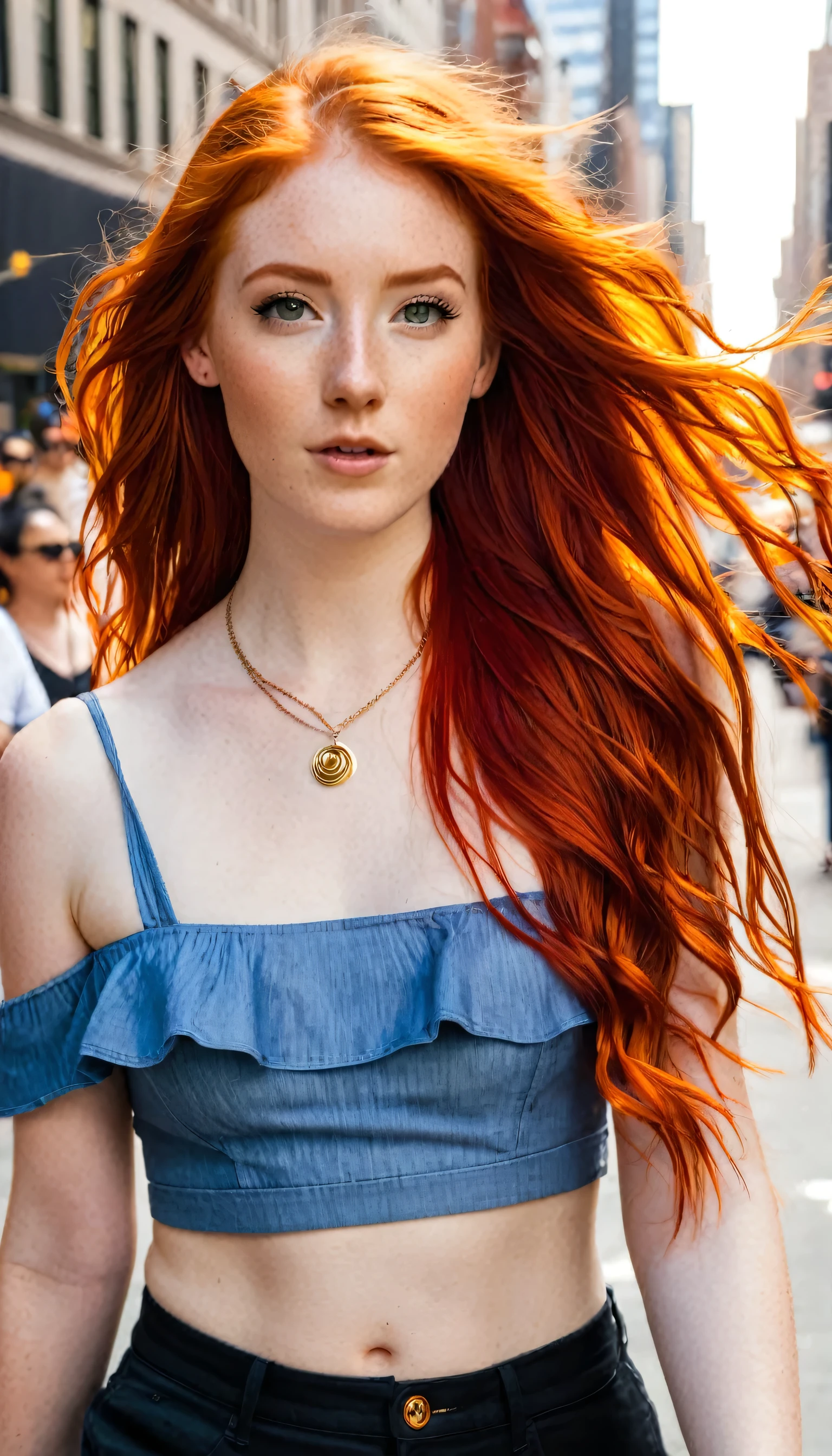 A stunning 22-year-old woman with long, fiery red hair strolls through the bustling streets of New York City, her vibrant locks catching the sunlight and turning heads.