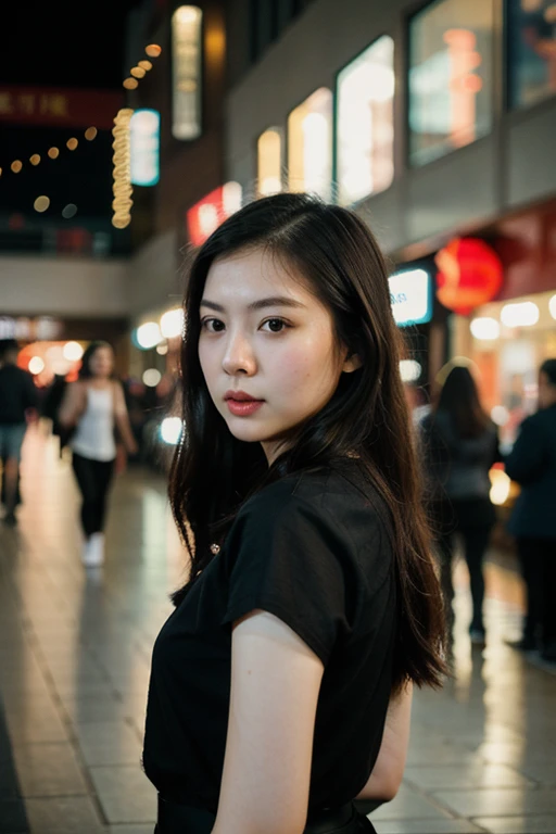 polaroid photo, night photo, photo of 24 y.o beautiful chinese woman in a mall, pale skin, bokeh, motion blur