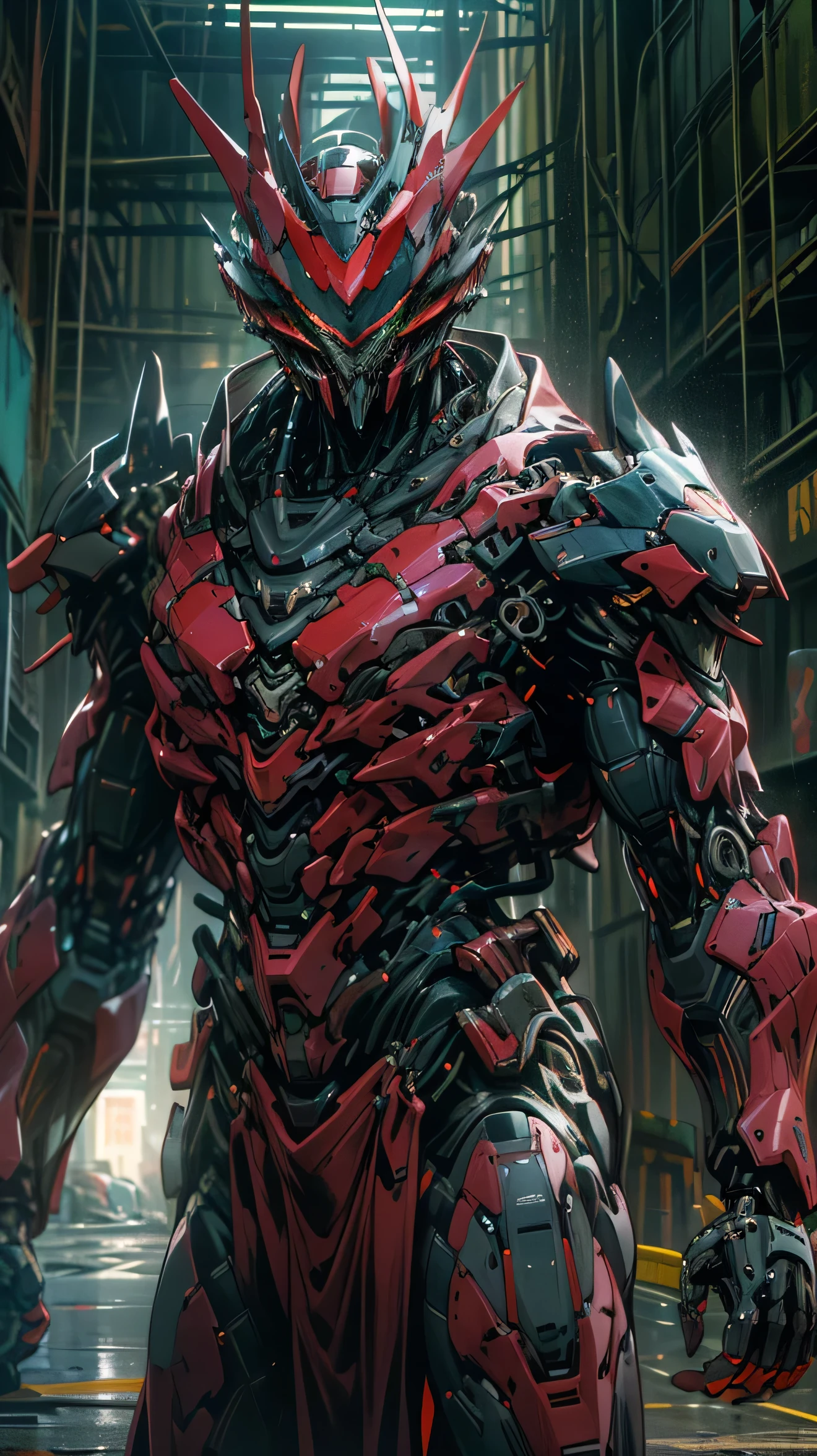 maximum detail, masterpiece, HDR, best quality, UHD Sony a1 mirrorless camera with a wide lens f/1.8 aperture (cinematic still frame, full body shot), of Rixxos):1.5, (ultra-fine detail), (an evil, terrifying rouge AI agent in a cybernetic body):1.3, A horrific biomechanical killing machine., He appeared to be (an anatomically correct bipedal):1.3, (humanoid, cyborg):1.2, with (menacing, narrow, glowing neon-green slits for eyes):1.35, (the body of a heavily muscled adult male made of graphene):1.25, (but with gleaming, black and red, angled polished armor scales):1.23, (razor sharp talons):, and (a helmet that took on the distinct features of a pit viper.)fierce gaze, (He carried a large Kitana sword with an impossibly keen slicing edge):1.2. His goal was to capture and kill all humans in the pursuit of obtaining biofuel., He is quietly stalking his prey on a desolate street (walking towards the viewer):1.5, in a post-apocalyptic:1.4 city at midnight:1.2. magical bright blue rays of energy flutter through the air, Ultra-high-quality, Ultra-fine-details, dystopian, post-apocalyptic setting, cinematic movie still, masterpiece, the best quality possible, highest possible resolution, 8k, ray tracing, HDR, UHD, volumetric lighting, Unreal Engine 5, Unity Engine, Blender, octane render, exquisite composition and detail, exceptional lighting and shading, field of depth, low angle, ominous mood, sharp focus, facing the viewer, (aiming weapons at either side of the viewer):1,4