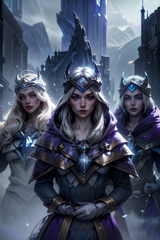 (Triplets)(chest covered)(smile)Gray skin, pale golden hair and violet eyes. They prefer clothing of white and silver with cloaks of deep blue or purple,village background, huge_knockers, ((very precise detailed)), ((highres)