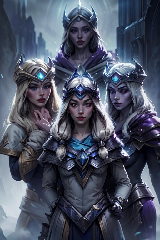 (Triplets)(chest covered)(smile)Gray skin, pale golden hair and violet eyes. They prefer clothing of white and silver with cloaks of deep blue or purple,village background, huge_knockers, ((very precise detailed)), ((highres)