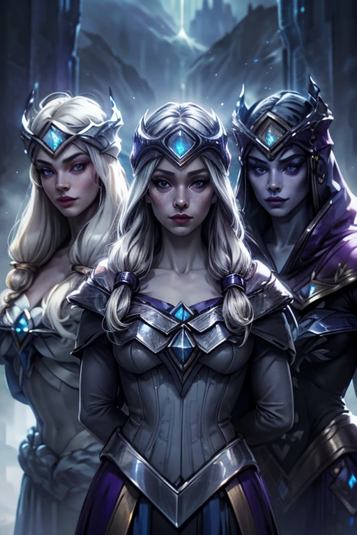 (Triplets)(chest covered)(smile)Gray skin, pale golden hair and violet eyes. They prefer clothing of white and silver with cloaks of deep blue or purple,village background, huge_knockers, ((very precise detailed)), ((highres)