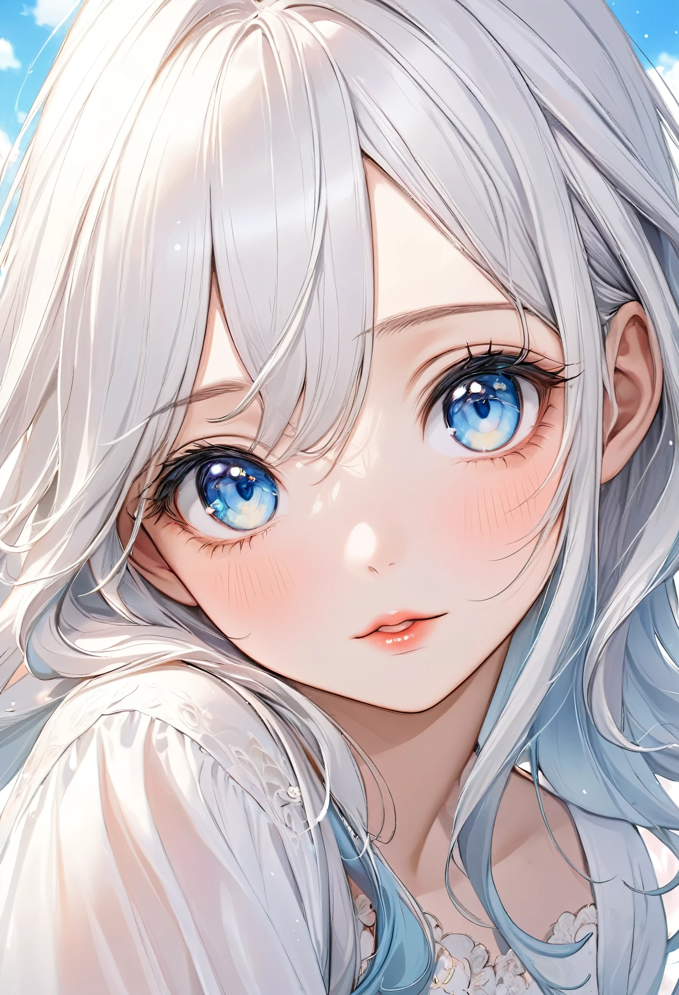 a gorgeus girl in a white dress, upper body, long wavy white hair, doe eyes, light blue eyes, beautidul and innocent face, plump lips (looking at camera), (candid, amateur)