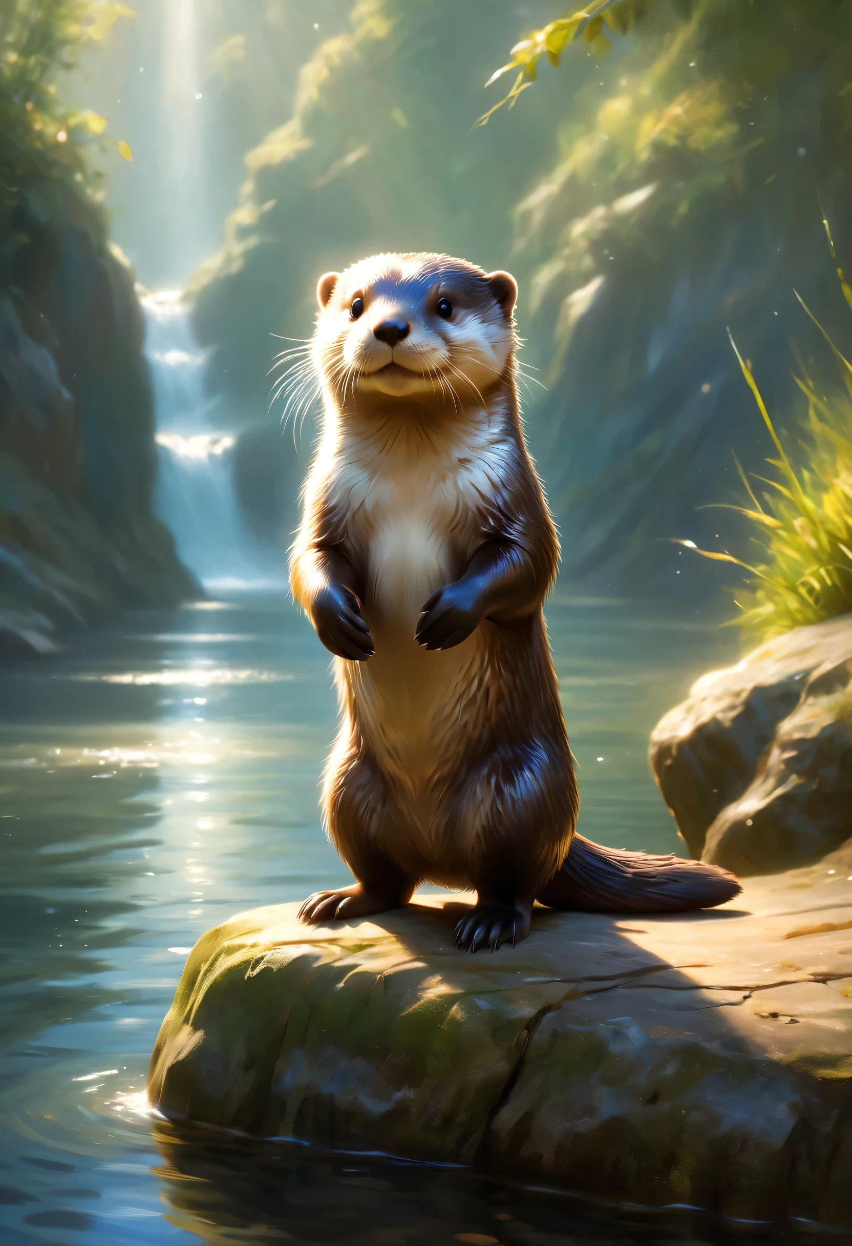 A cute otter greets the viewer, Pierre＝Art by Auguste Renoir and Jeremy Mann, (Viewpoint angle:1.2), Realistic, Ray Tracing, Beautiful lighting,masterpiece,river
