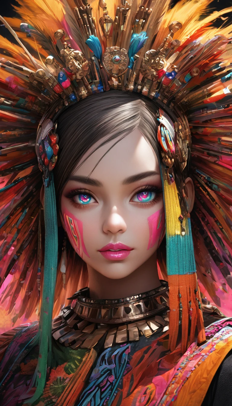 (best quality,4k,8k,highres,masterpiece:1.2),ultra-detailed,realistic:1.37,stylish magazine cover,innovative makeup,supermodel,tribal makeup,futuristic beauty,detailed eyes and lips,beautiful detailed eyes,beautiful detailed lips,extremely detailed eyes and face,long eyelashes,glamorous look,vibrant colors,eye-catching background,creative fashion,high fashion,avant-garde style,runway makeup,edgy,high contrast,professional lighting,magazine-worthy,striking composition