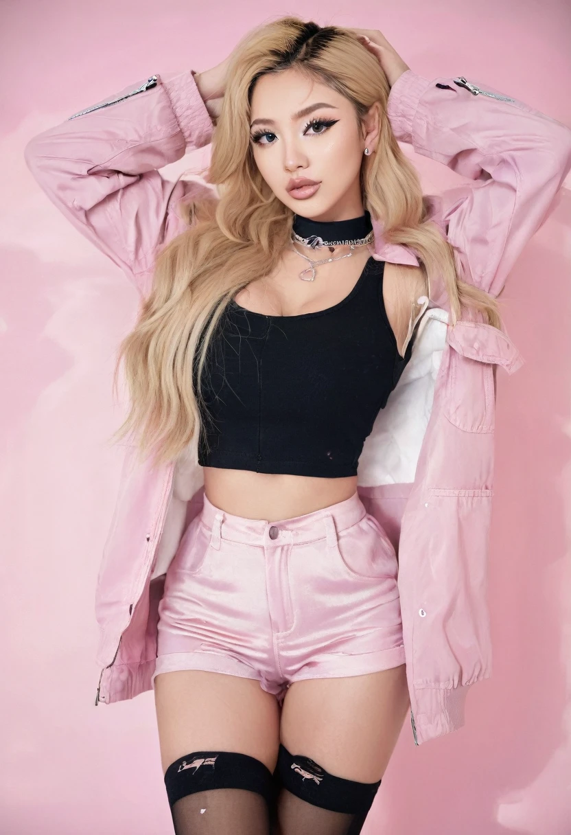 Asian girl,bimbo,bronze tan,chubby cheeks,enlarged lips,big blue eyes,long straight hair blonde ,gigantic lips,Huge fake tits ,narrow waist,gigantic ass,huge round ass,wide hips,thick thighs,pumped claves,long legs,chubby shapes,(clothes:jacket with a long sleeve beige, High-waisted tight pink shorts,black knee high socks, Stripper shoes black,choker,necklace,earrings),long black fingernails,manicure,(orgasm face),(face of ???????),(ahegao face),(high quality),(hyper realistic),( realism),(8K,UHD),tattoo chest,tattoo arms,tattoo shoulder, Tattoo on the hips,tattoo on the lower back,(sexy pose,dancing twerk),looking at camera,(bright makeup,smoky eyes ),((masterpiece)),(role model:dancer ),((detailed face)),solo,pumped ass,perfect body,very tan skin,(location:dance studio ),(piercing nose,piercing eyebrow,piercing lip),half face,side view ,(full body:1.5)
