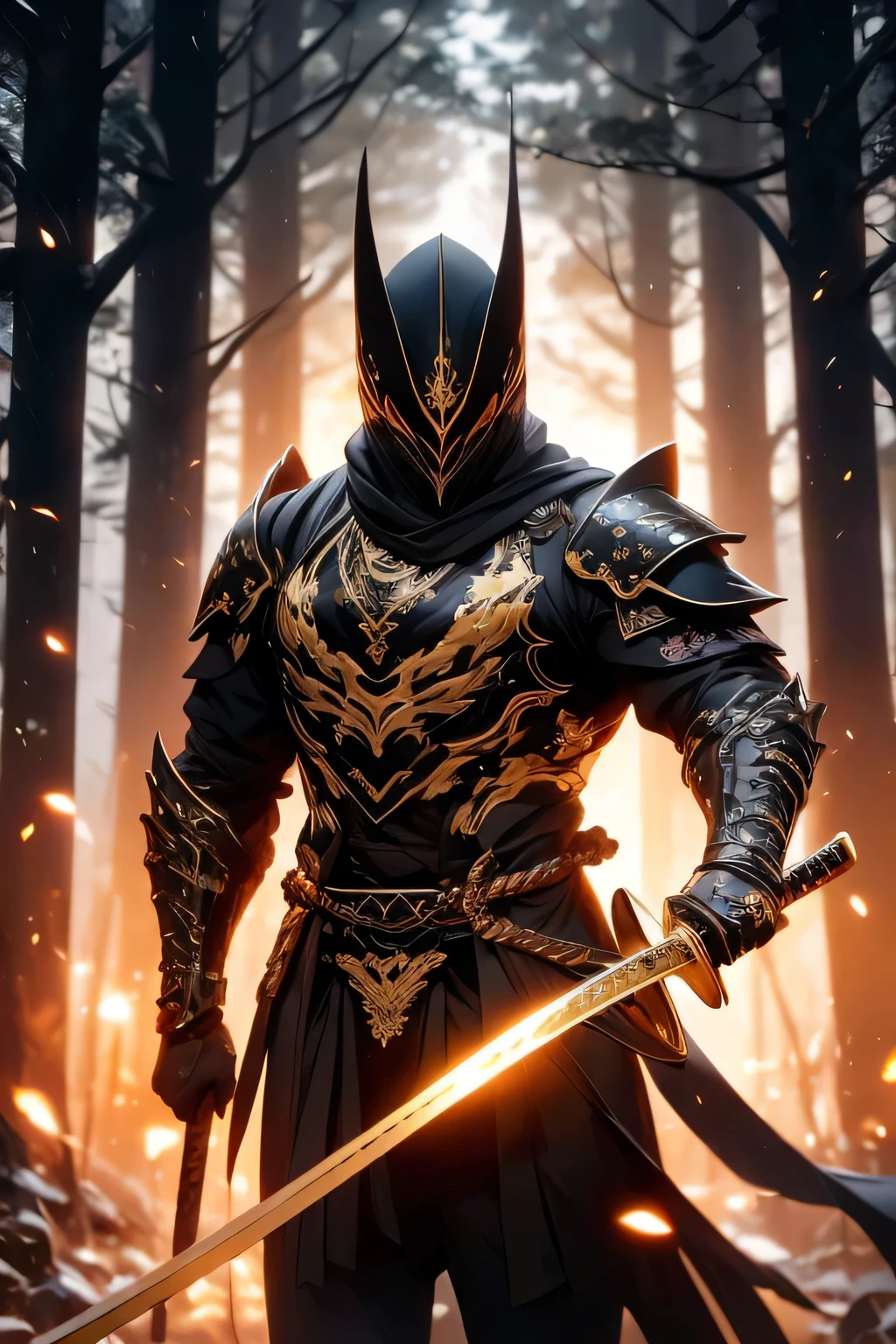 (Samurai insano:1.1,Armadura preta e dourada:1.1), fierce expression,olhos intensos, fluttering, impressive physique,Muscular arms and legs,e uma postura forte. The samurai is standing in a misty forest surrounded by ancient and imposing trees. The forest is full of vibrant green foliage and patches of golden sunlight streaming through the leaves. O samurai empunha um afiado, Katana Espada com um polido, reflective blade. The armor is intrinsically designed with black and gold patterns, giving a sense of power and elegance. Lighting is dramatic, casting dramatic shadows on the samurai's face and highlighting the gleaming details of the armor. The overall shade of color is dark and quiet, com toques de ouro brilhando. The scene exudes a sense of mystery and danger, capturing the essence of an insane samurai in a captivating and visually stunning way, com capacete que cobre o rosto todo, e luvas, com uma nodachi totalmente detalhada em dourada e toda preta
