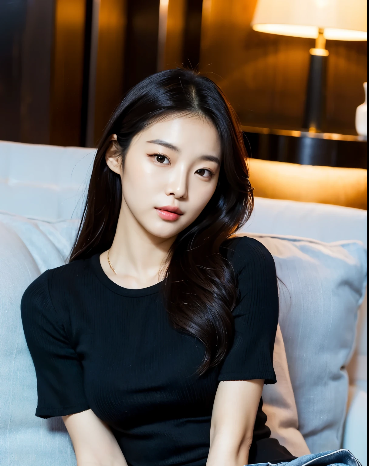 araffe asian woman in black shirt sitting on a couch, gorgeous young korean woman, beautiful young korean woman, beautiful south korean woman, korean girl, korean woman, heonhwa choe, young adorable korean face, lee ji-eun, lee ji - eun, portrait of female korean idol, sexy look at the camera, female actress from korea