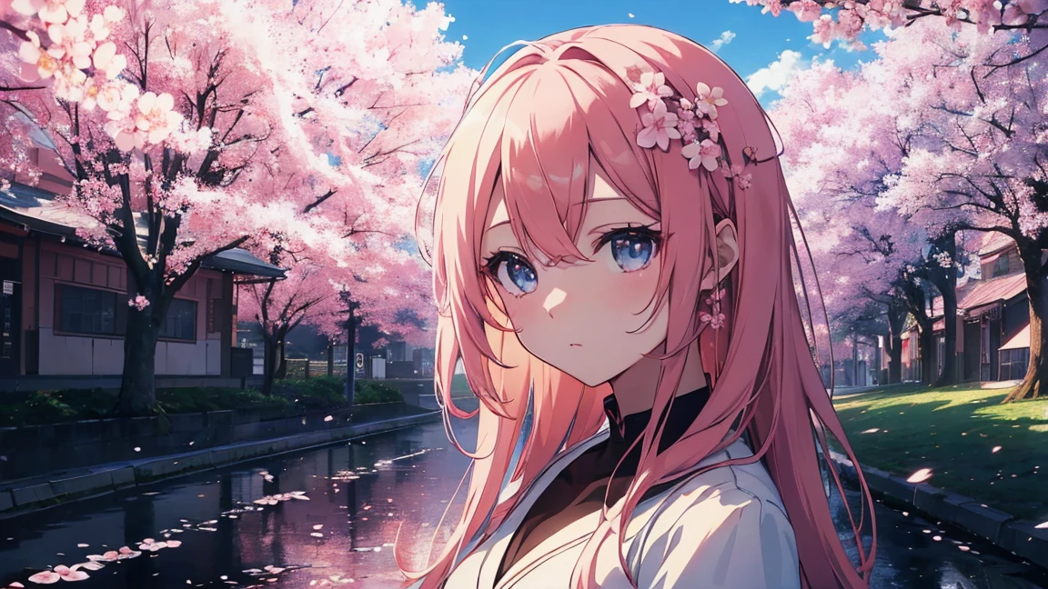 Anime Scenery with cherry blossoms and a large screen in the background, Anime Background, Beautiful peaceful scenes in anime, Anime Background art, Dynamic lighting during cherry blossom season, colorful Anime movie background, Beautiful anime scene, Anime movie background, beautiful Anime Scenery, Anime Scenery, Falling cherry blossoms, アニメアートwallpaper 8 k, sakura season, アニメwallpaper4k, アニメのwallpaper 4 k (Surreal), (8k), (Very detailed), (Best illustrations), (Beautiful and beautiful eyes), (highest quality), (Very detailed), (masterpiece), (wallpaper), (Detailed face), alone, 1 girl,