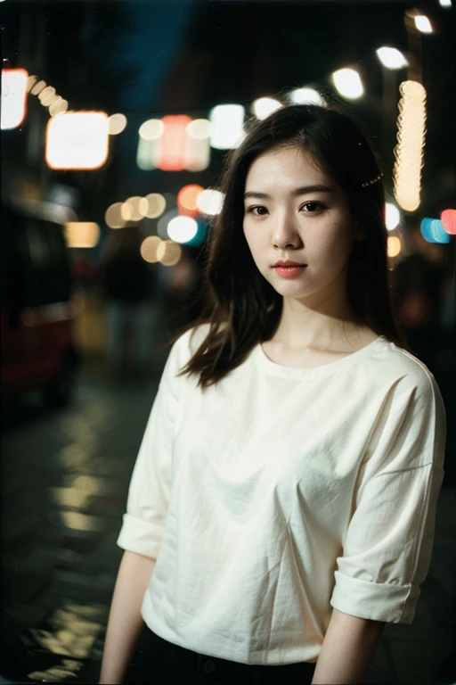 polaroid photo, night photo, photo of 24 y.o beautiful korean girl, pale skin, bokeh, motion blur