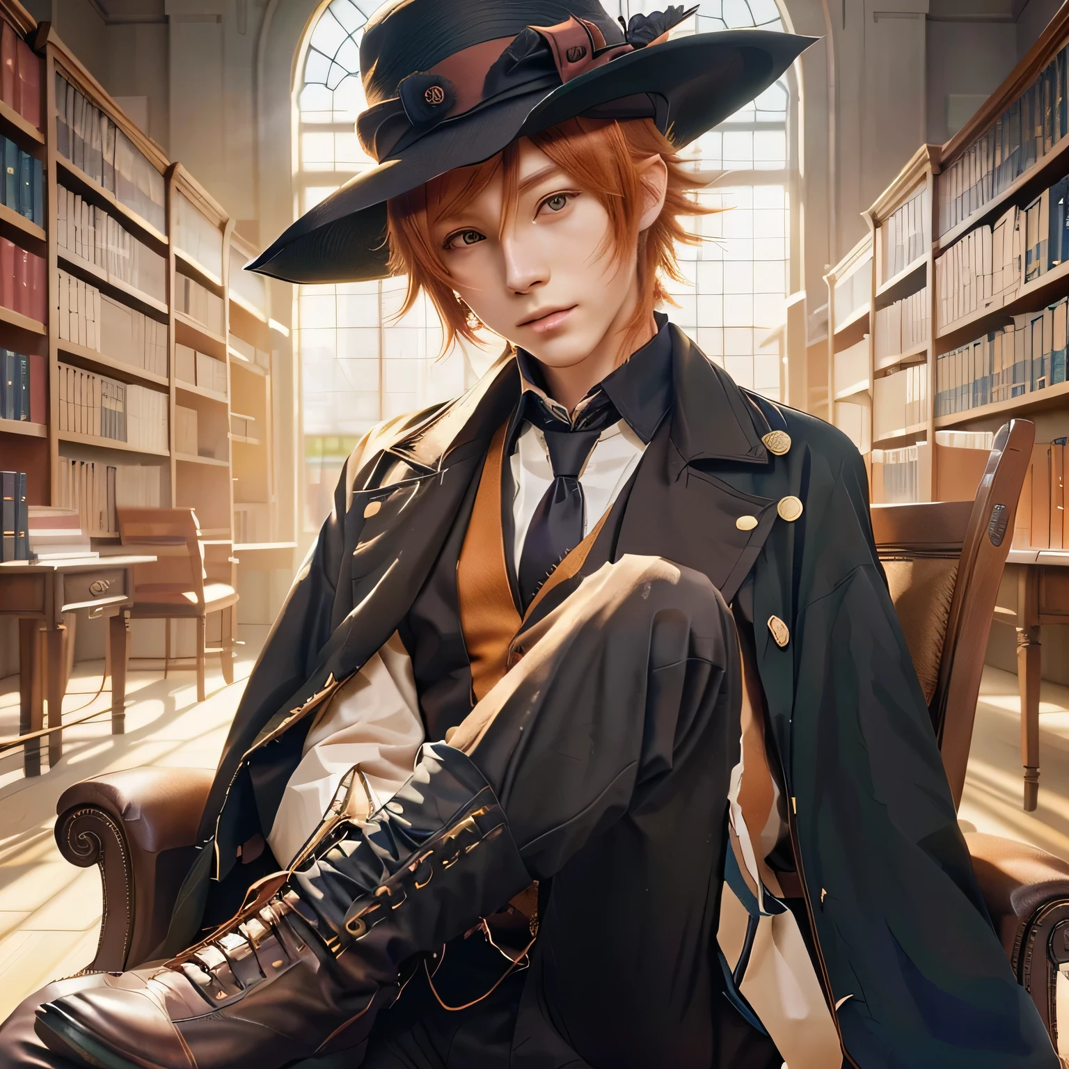 anime - style image of a man in a hat and coat sitting in a library, orange - haired anime boy, delicate androgynous prince, beautiful androgynous prince, handsome anime pose, trending on artstation pixiv, key anime art, handsome guy in demon slayer art, from cryptid academia, detailed anime character art, best anime 4k konachan wallpaper