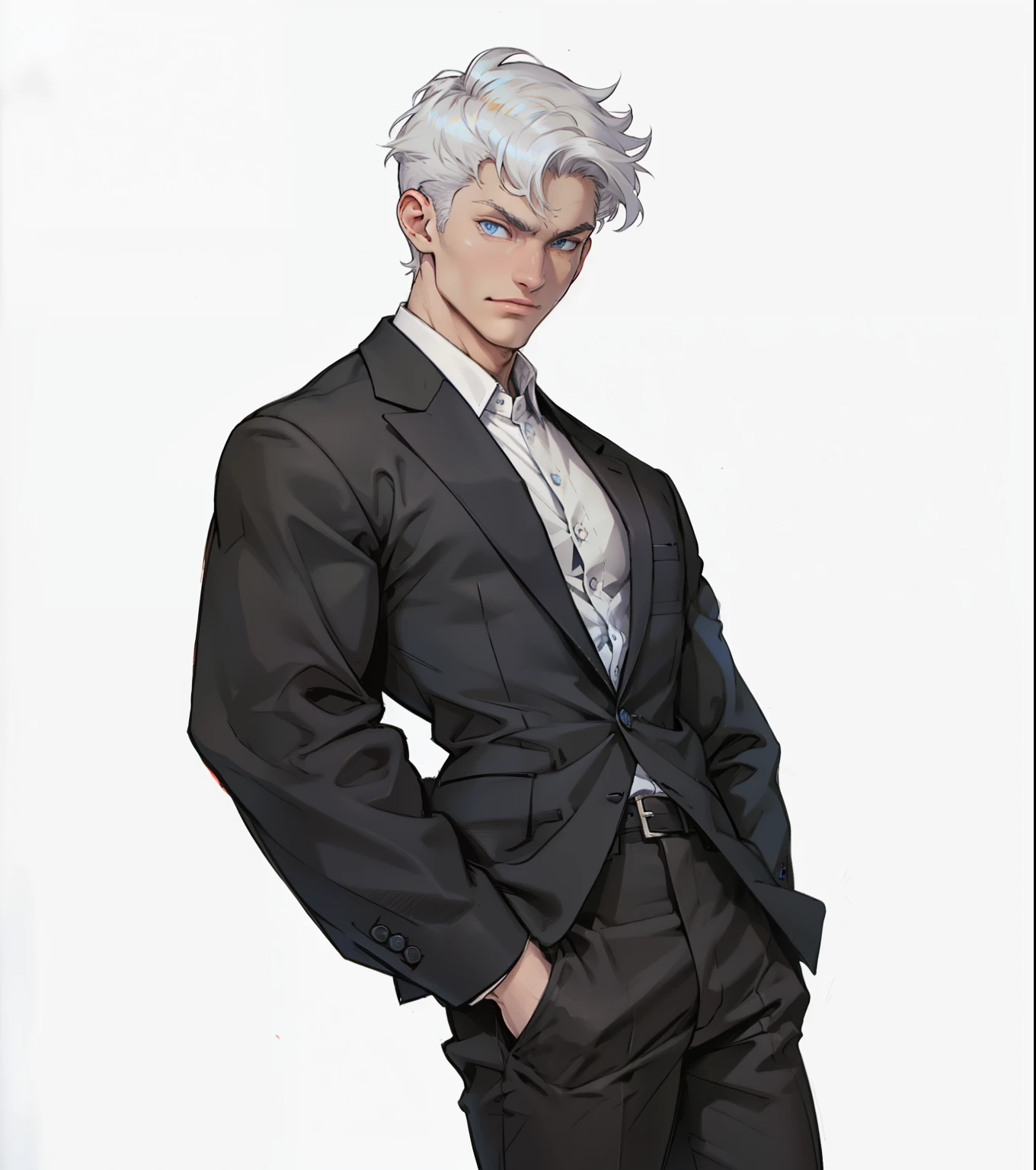 1 man, Detailed face, blue eyes,White hair,White skin , blue eyes, Black suit, White shirt,Business suit,, Pants