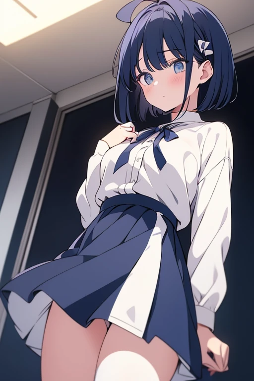 (One girl), (alone), (Focus on women), Focus on the face, blue eyes, navy hair, short hair, white one side hair ribbon, shiny skin, cowboy shot, blunt parted bangs,1 ahoge, make out, shy,POV,Tsundere,room,white one side hair ribbon,Black tights,Navy Blue Skirt,White shirt,from below