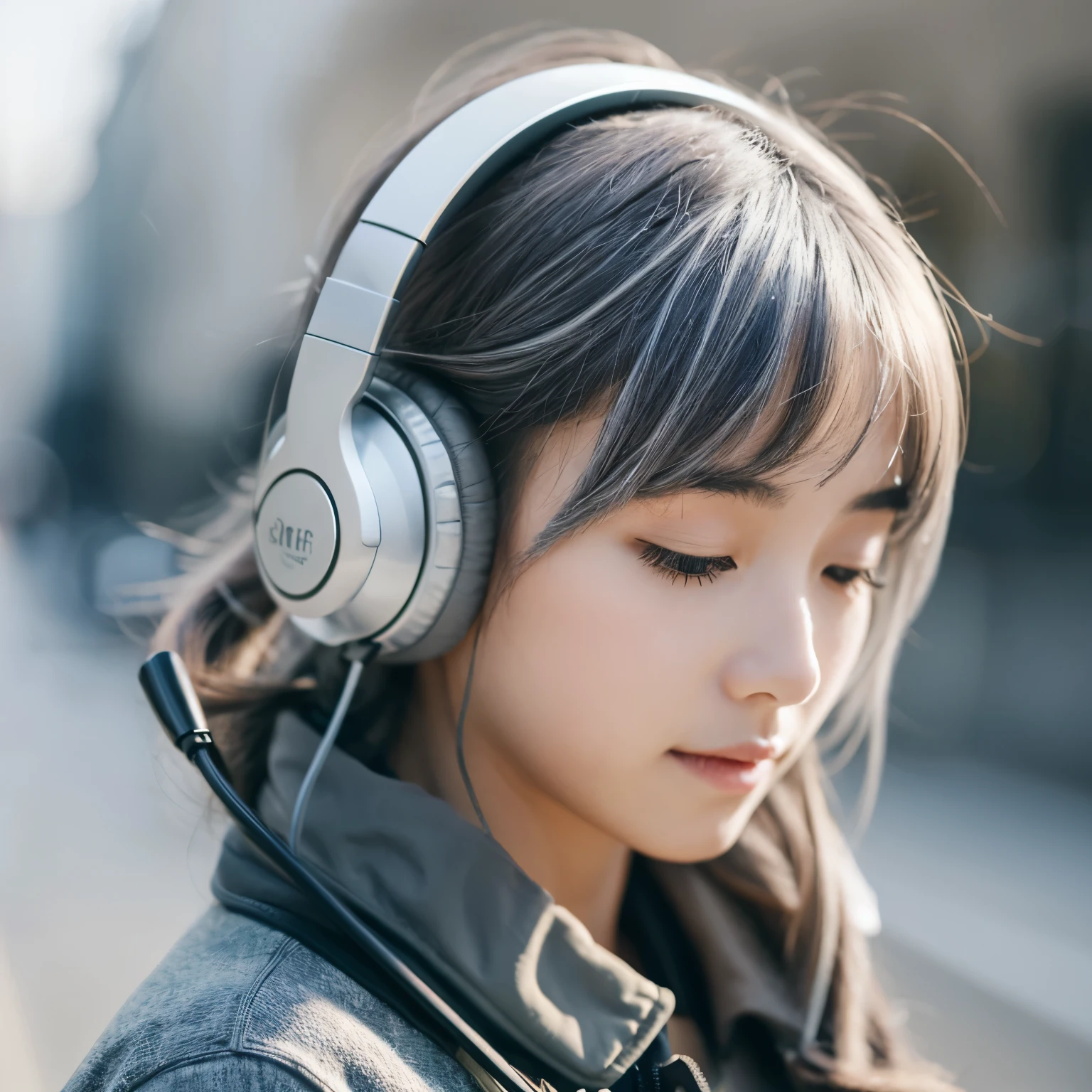 Headphones, girl, gray hair, calm atmosphere, music lover