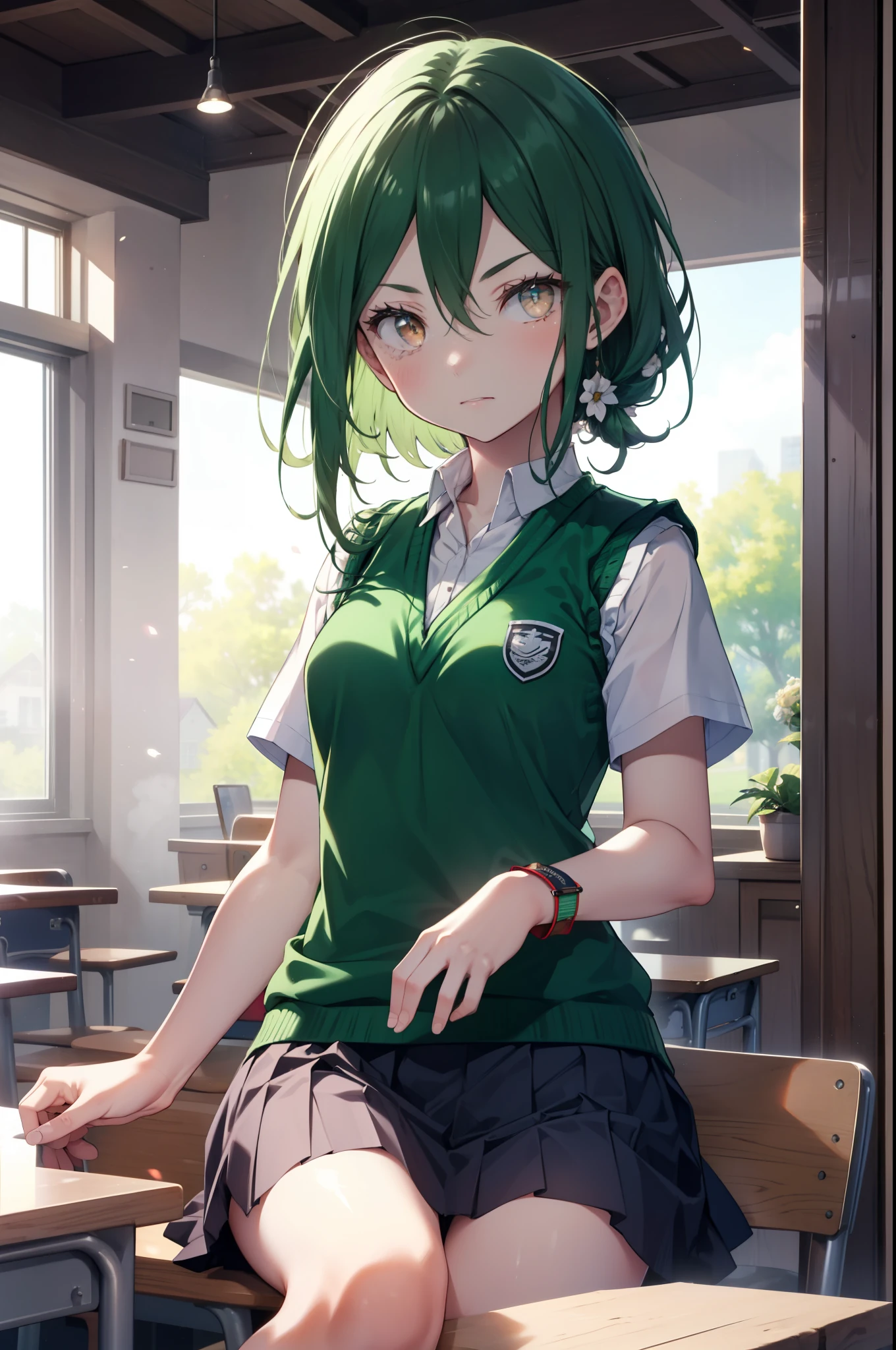 CruschKarsten, Crusch Karsten, Long Hair, Hair between the eyes, Green Hair, (Brown eyes:1.4),serious,
Armband, Epaulettes, White Ascot,White shirt,Short sleeve,Sweater vest, (green Sweater vest:1.5),
,Black pleated skirt,Black socks,Brown Loafers,Arms crossed,sit cross-legged on a chair,There is a lunch box on the desk,whole bodyがイラストに入るように,
break indoors, School　classroom,
break looking at viewer,whole body,
break (masterpiece:1.2), highest quality, High resolution, unity 8k wallpaper, (shape:0.8), (Beautiful and beautiful eyes:1.6), extレムely detailed face, Perfect lighting, extレムely detailed CG, (Perfect hands, Perfect Anatomy),