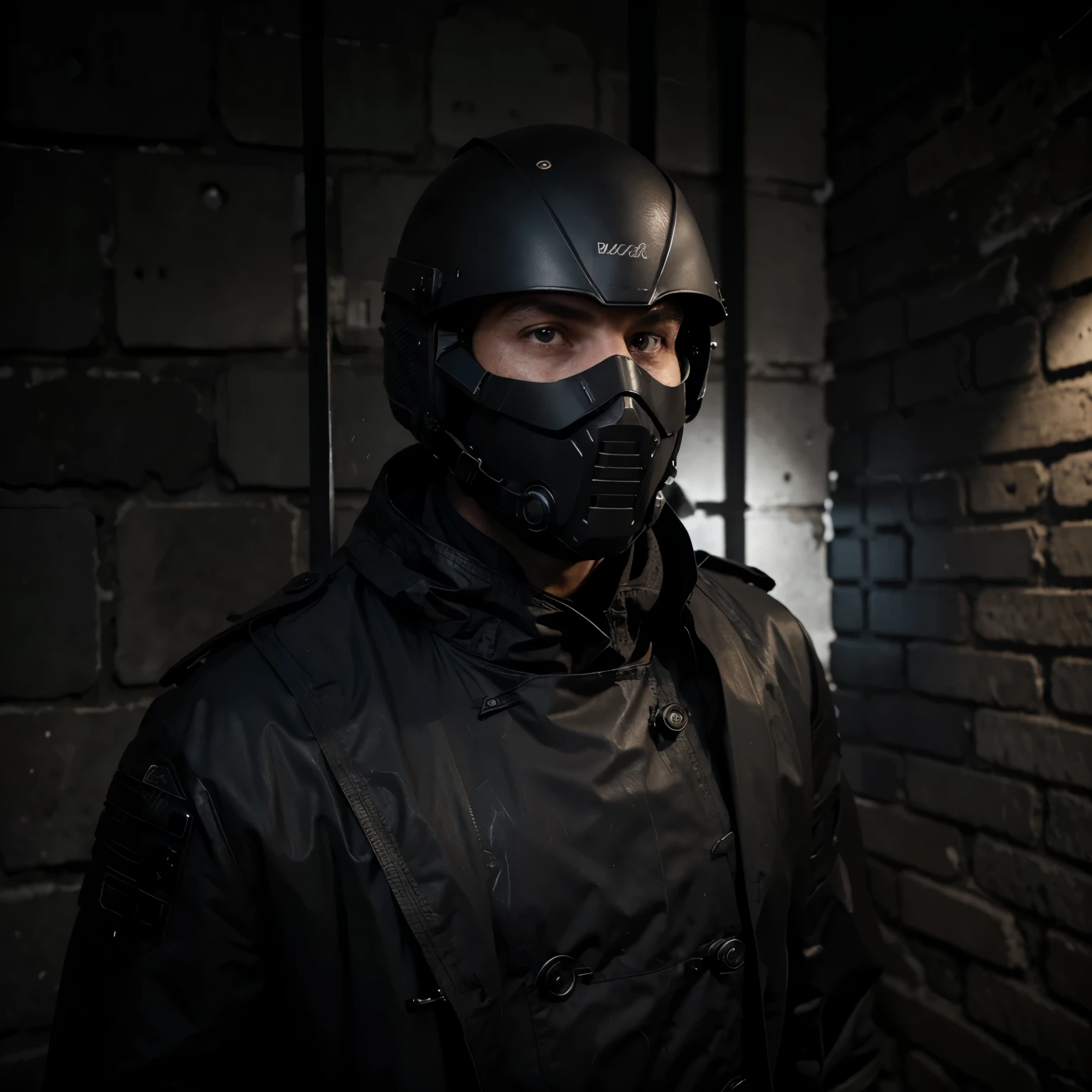 Man in dark alley keeping watch (cuerpo completo) at night dressed in a black trench coat with a scratchy, stone-like texture and a modern black halo-style ballistic helmet that covers his entire head and face