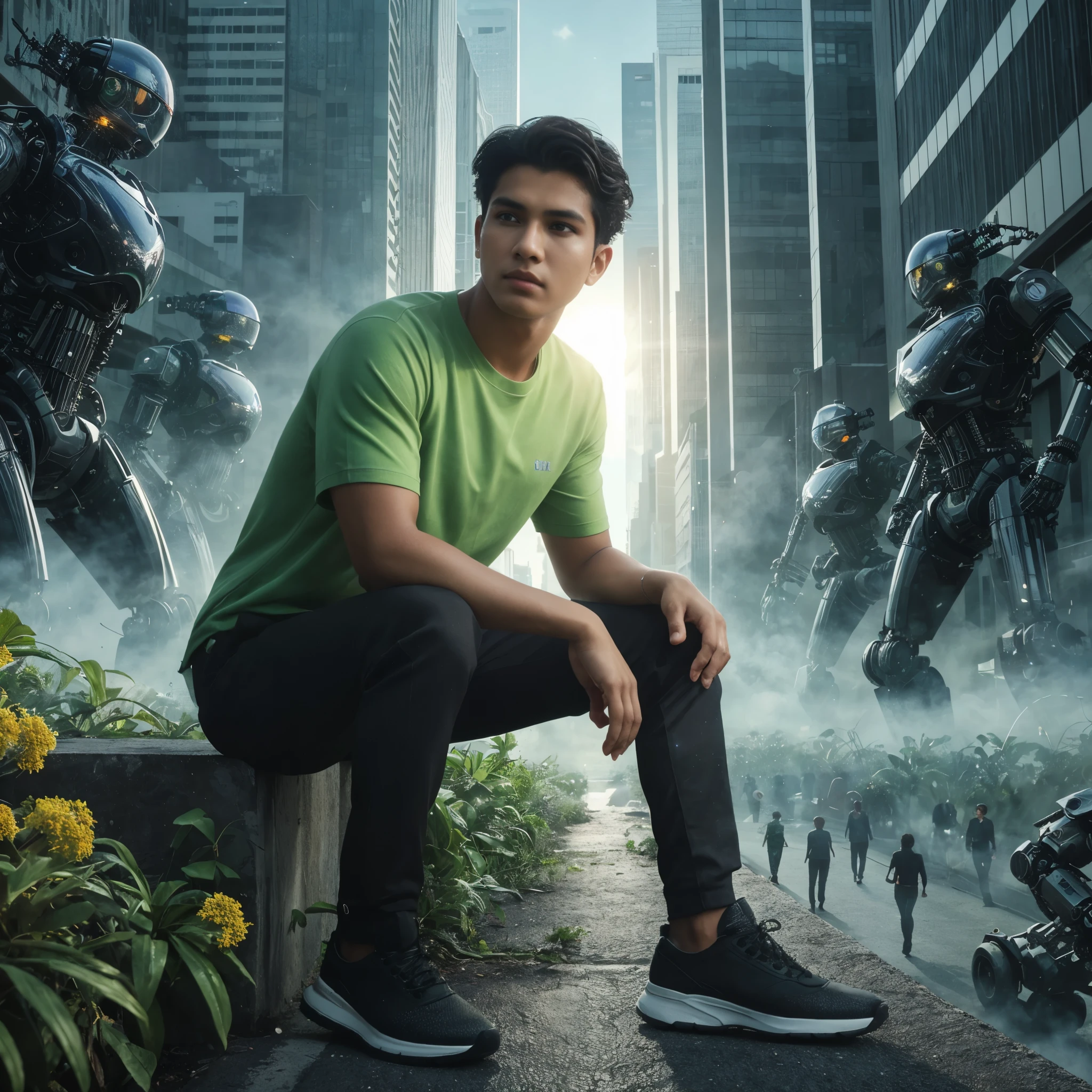 professional masterpiece cinematic photo of an Indonesian male model with confident, charming, modern trendy short hair, wearing a lime t-shirt,detailed, black long fabric pants, looking towards one of the robots in the midst of a crowded city with a terrifying atmosphere, green plants growing, tall buildings, dramatic lighting, lens flare, photorealistic, resembling a photo taken with a Sony 7000D camera